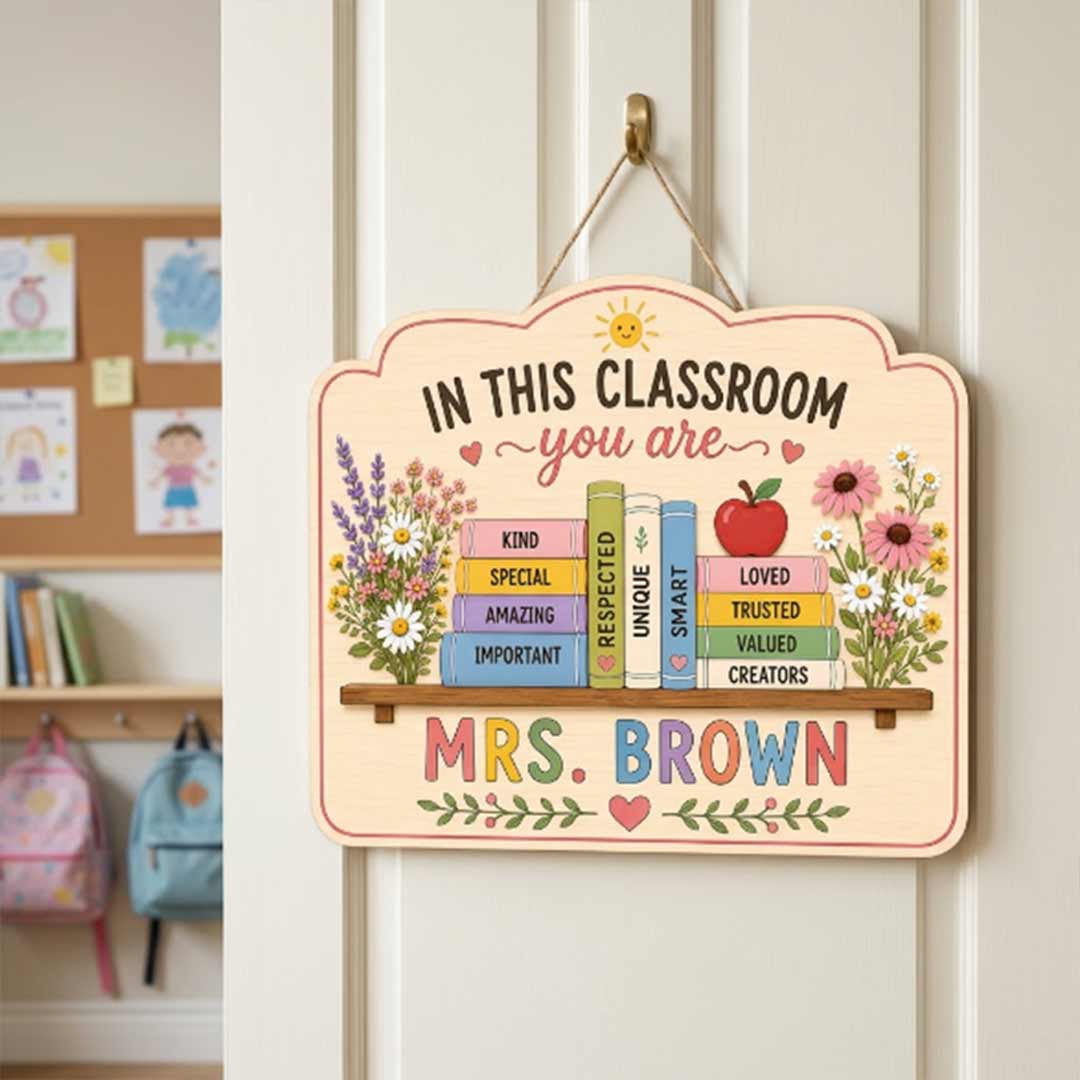 Personalized Flower Bird Teacher Name Wooden Sign Door Hanger Positive Affirmation Teacher Door Hanger Wooden Classroom Decor, Back to School Sign