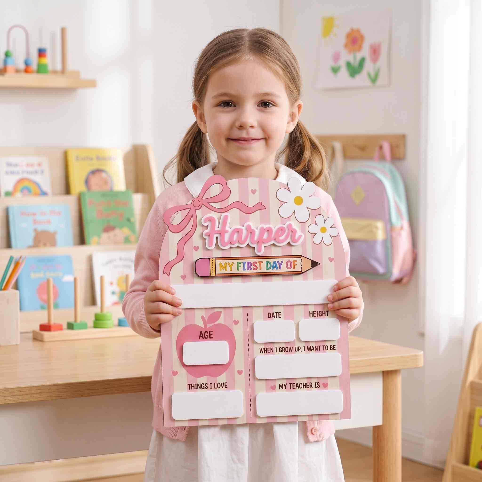 Personalized Pink Pencil First Day School Board, Reusable Dry Erase Board, Back to School Sign