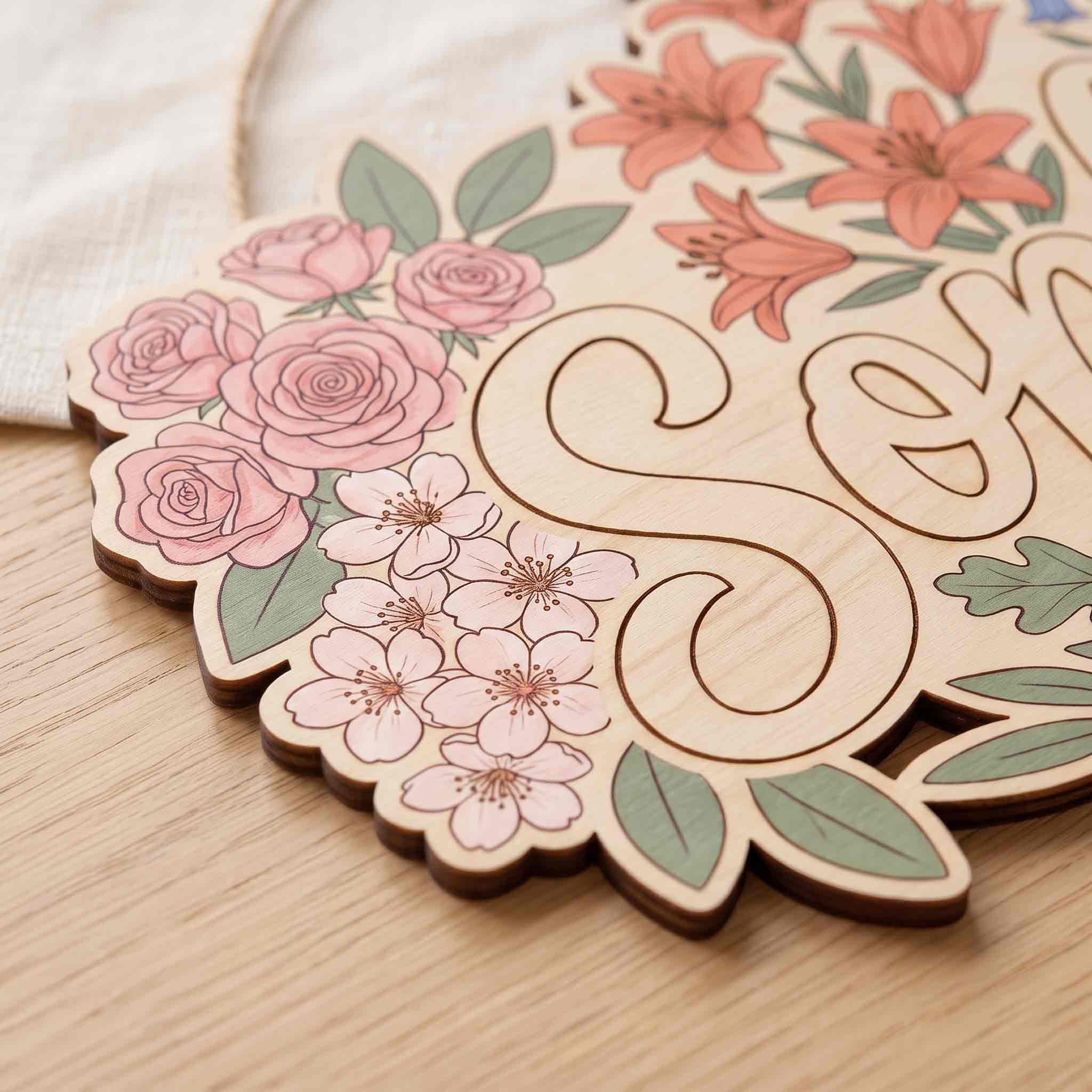 Personalized Botanical Flower Name Wooden Sign