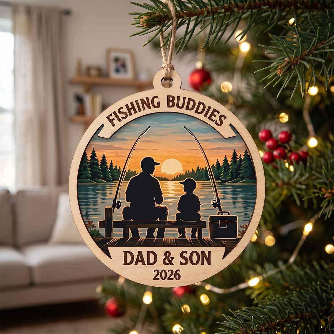 Fishing Buddies Dad and Son Custom Name Date Fishing 2-Layer Wooden Ornament
