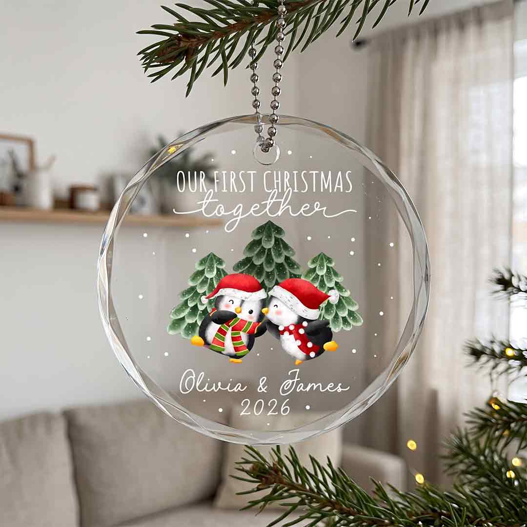 Our First Christmas Cute Penguin Couple Personalized Custom Name Date Couple Round Glass Christmas Ornament for Couples Gift