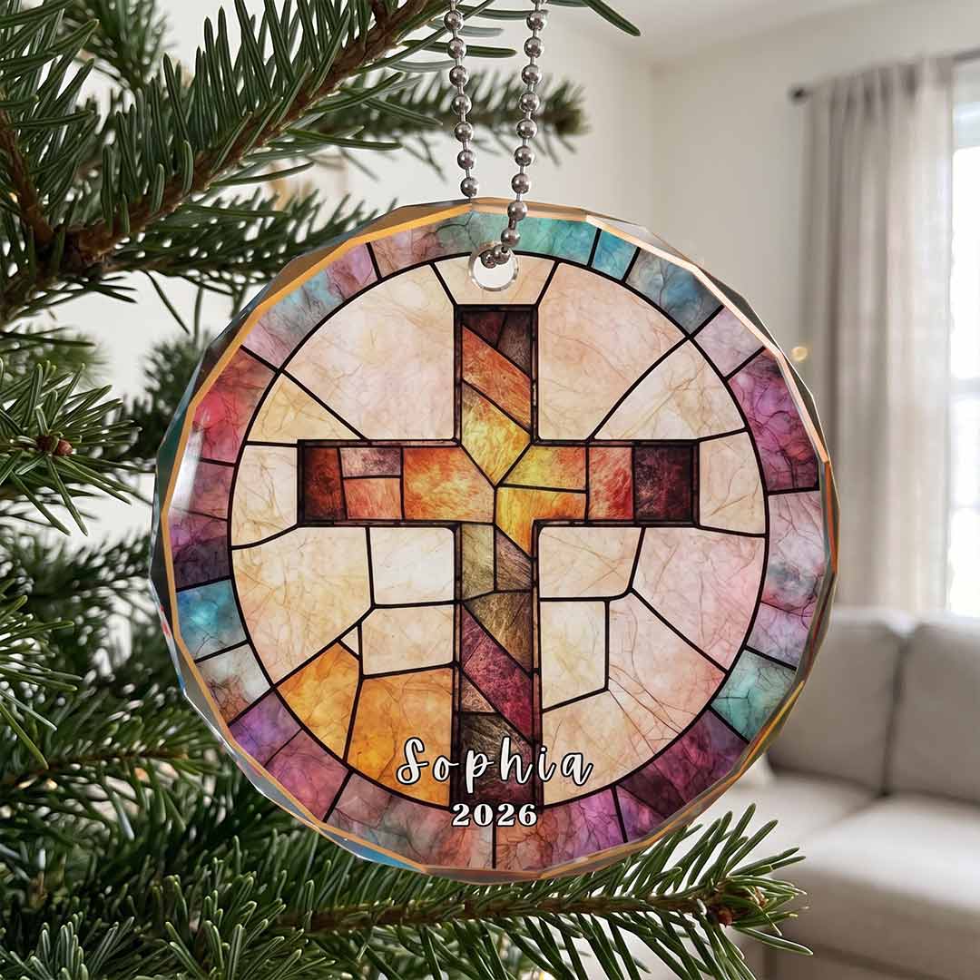Christian Cross Religious Faith Personalized Custom Name Date Religious Keepsake Nativity Round Glass Christmas Ornament