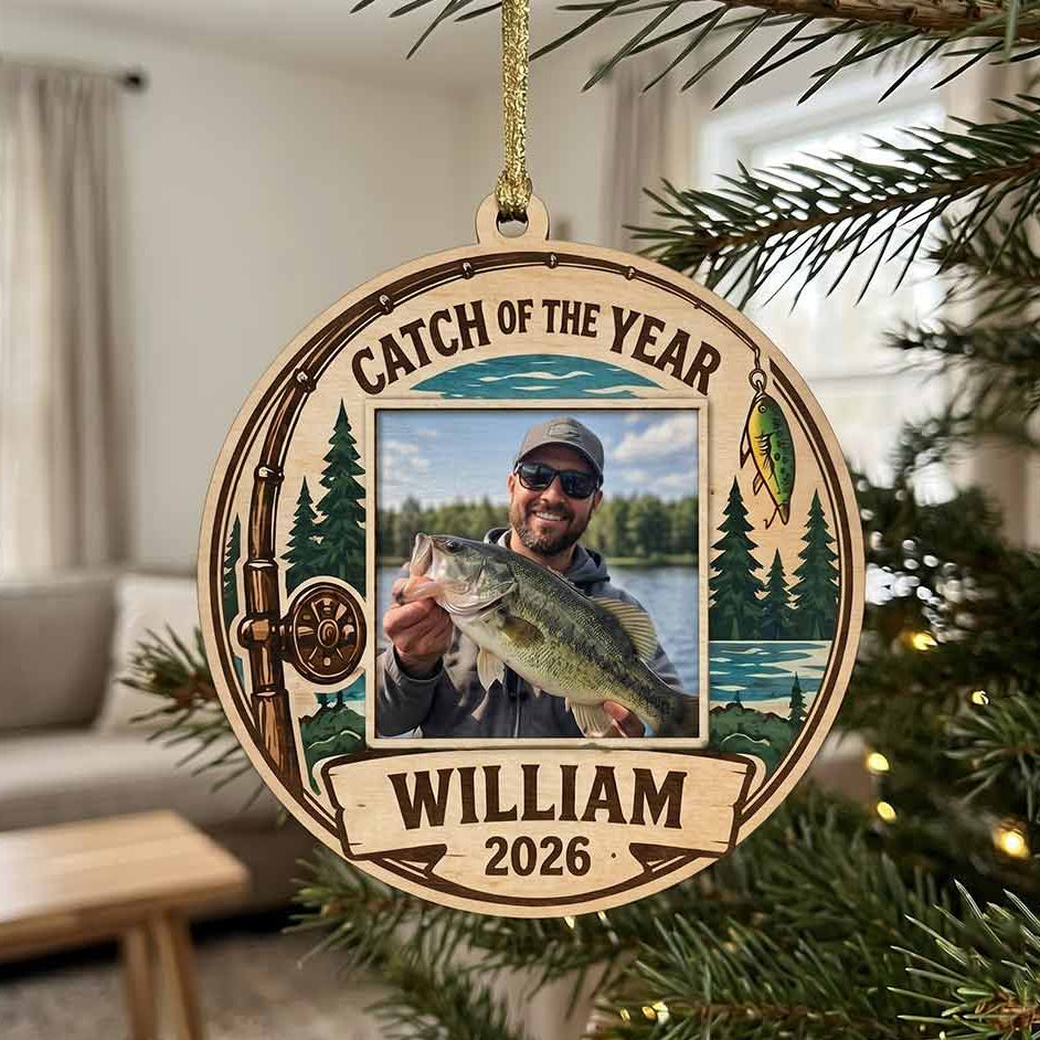 Catch of the Year Fishing Rod Fisherman Keepsake Personalized Custom Name Photo Fishing 1-Layer Wooden Christmas Ornament for Fishing Lovers Gift