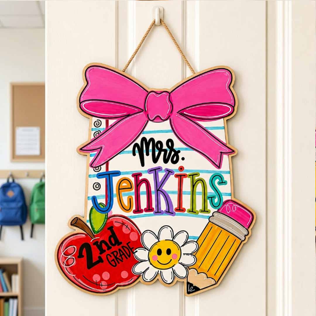 Personalized Teacher Name Wooden Sign Door Hanger Colorful Teacher Door Sign Wooden Classroom Decor, Back to School Sign