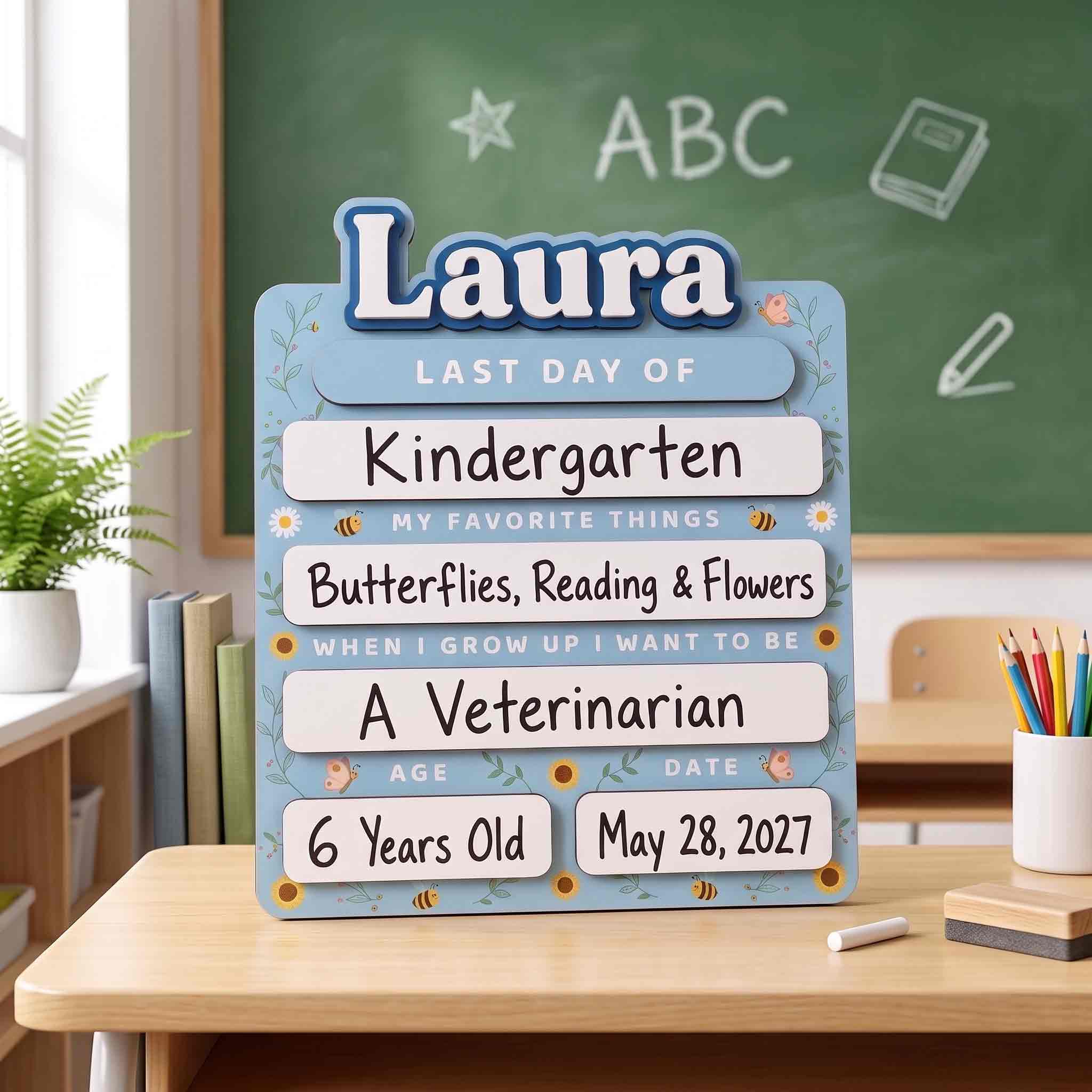 Personalized Blue Wildflower First & Last Day School Board, Reusable Dry Erase Board, Back to School Sign