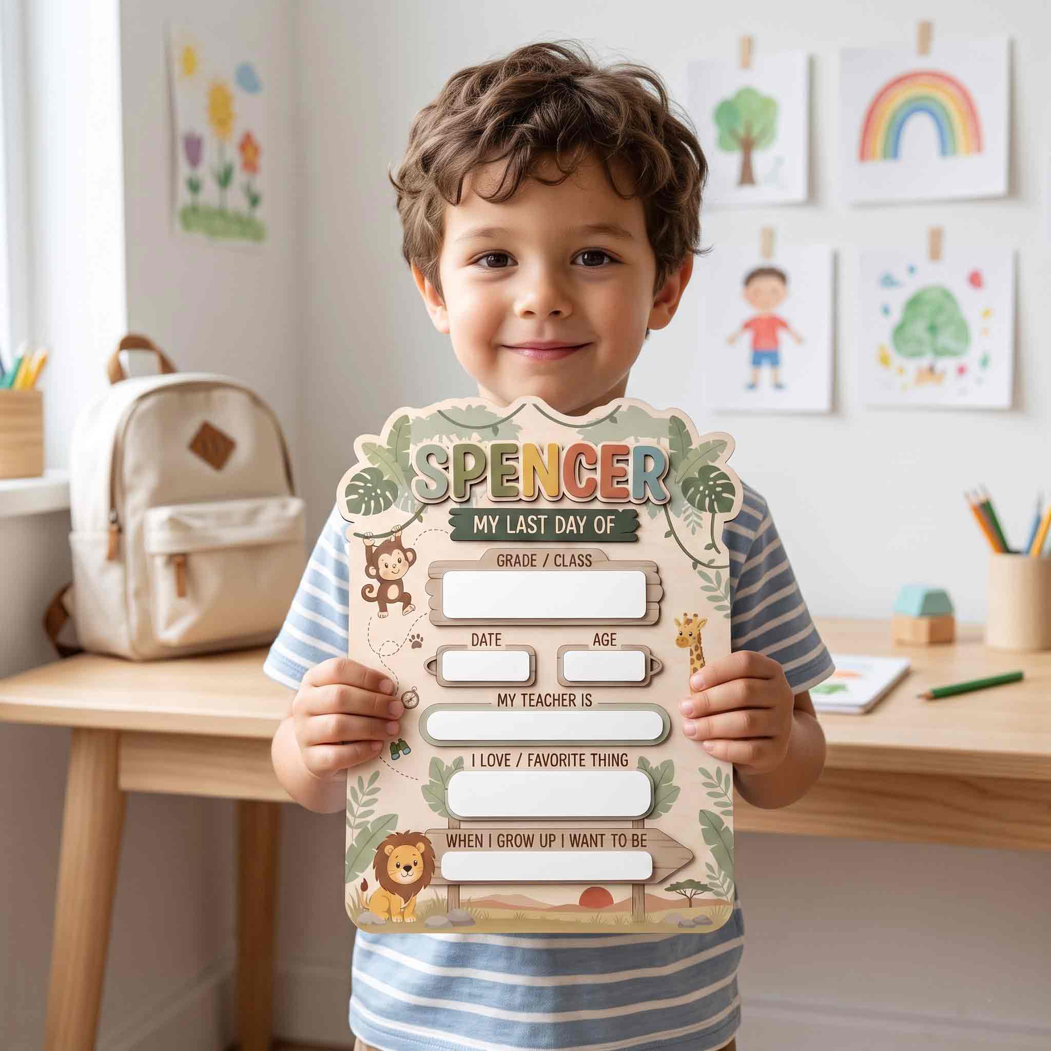 Personalized Safari Jungle First & Last Day School Sign, Reusable Dry Erase Board, Back to School Sign