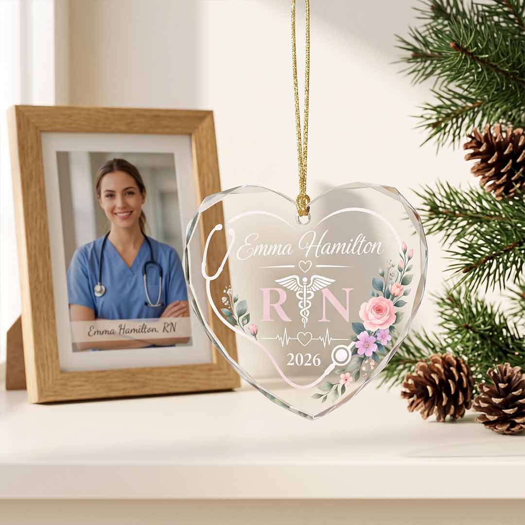 Floral RN Nurse Personalized Nurse Custom Name Date Nurse Appreciation Gift Heart Glass Christmas Ornament