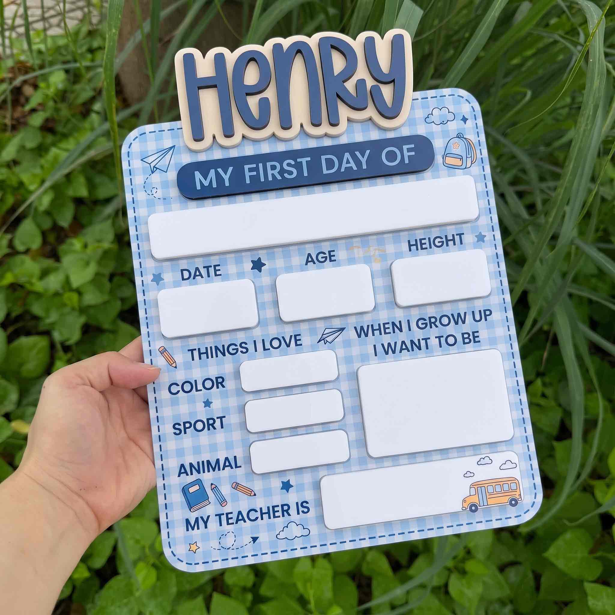 Personalized Blue School Doodles First & Last Day School Sign, Reusable Dry Erase Board, Back to School Sign