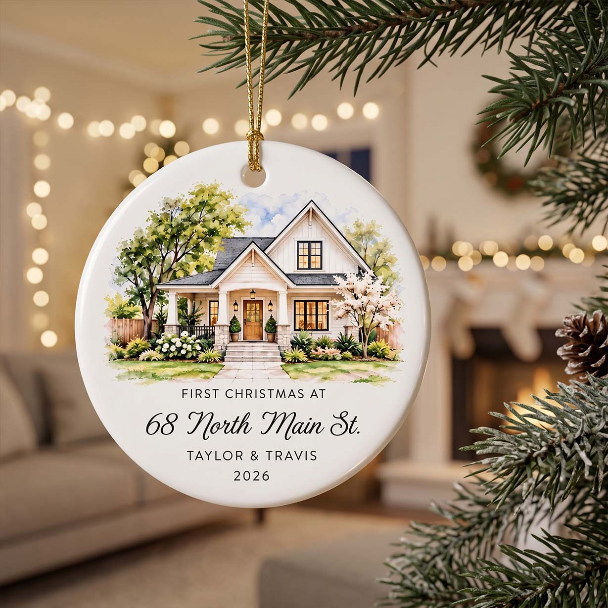 First Christmas in New Home Custom Name Address Photo New Home Round Ceramic Christmas Ornament New Home Keepsake Gift