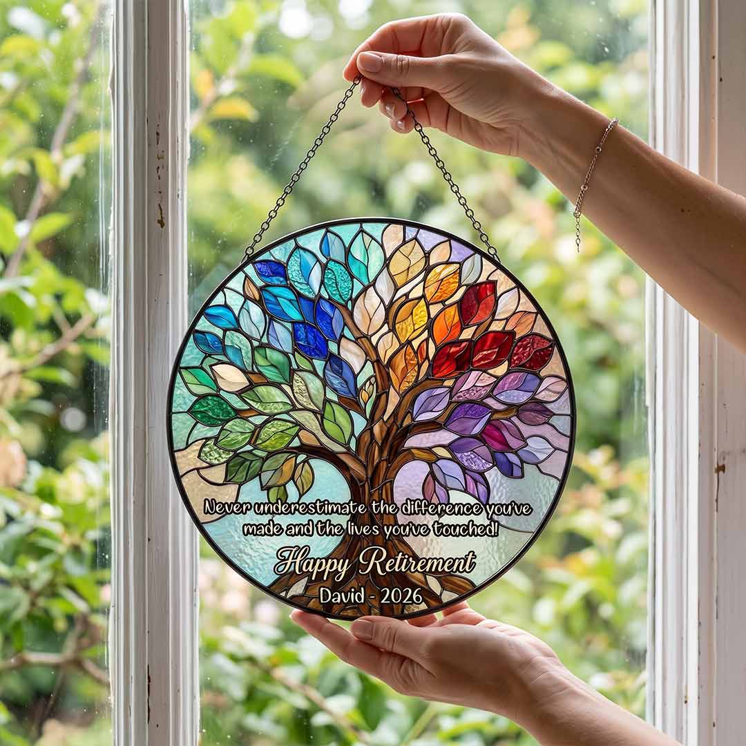 Retirement Tree of Life Personalized Custom Name Date Difference Maker Retirement Keepsake Stained Glass Suncatcher Ornament for Retirement Gift