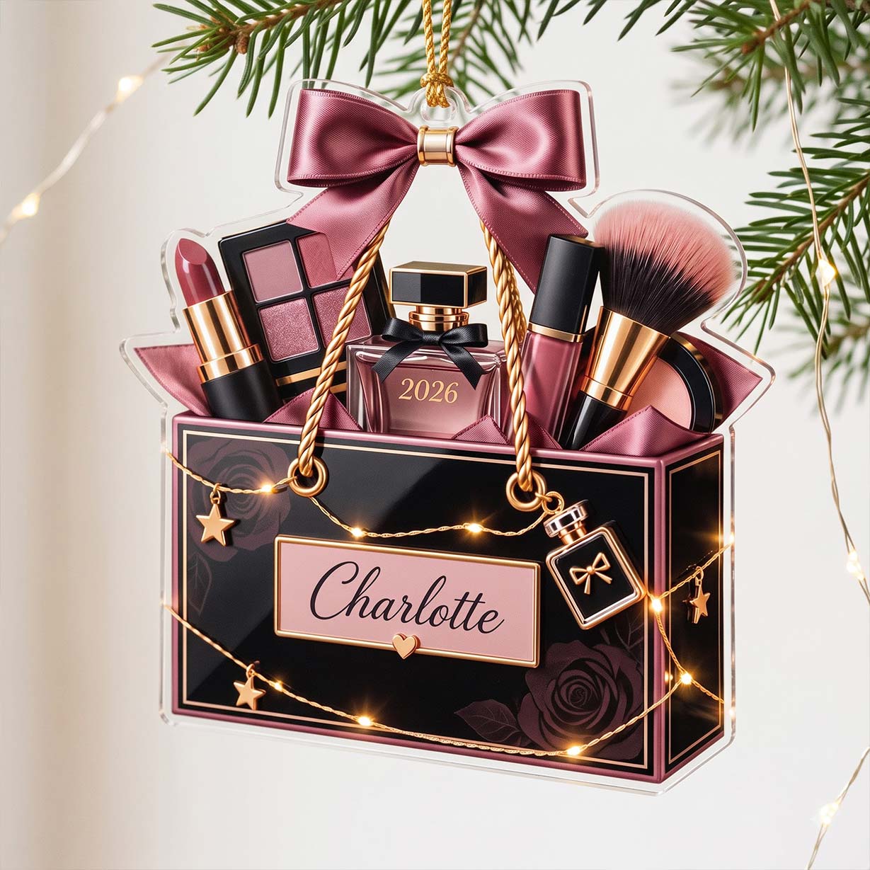 Black Rose Makeup Gift Box Cosmetic Brush Custom Name Date Acrylic Christmas Ornament Makeup Lover
