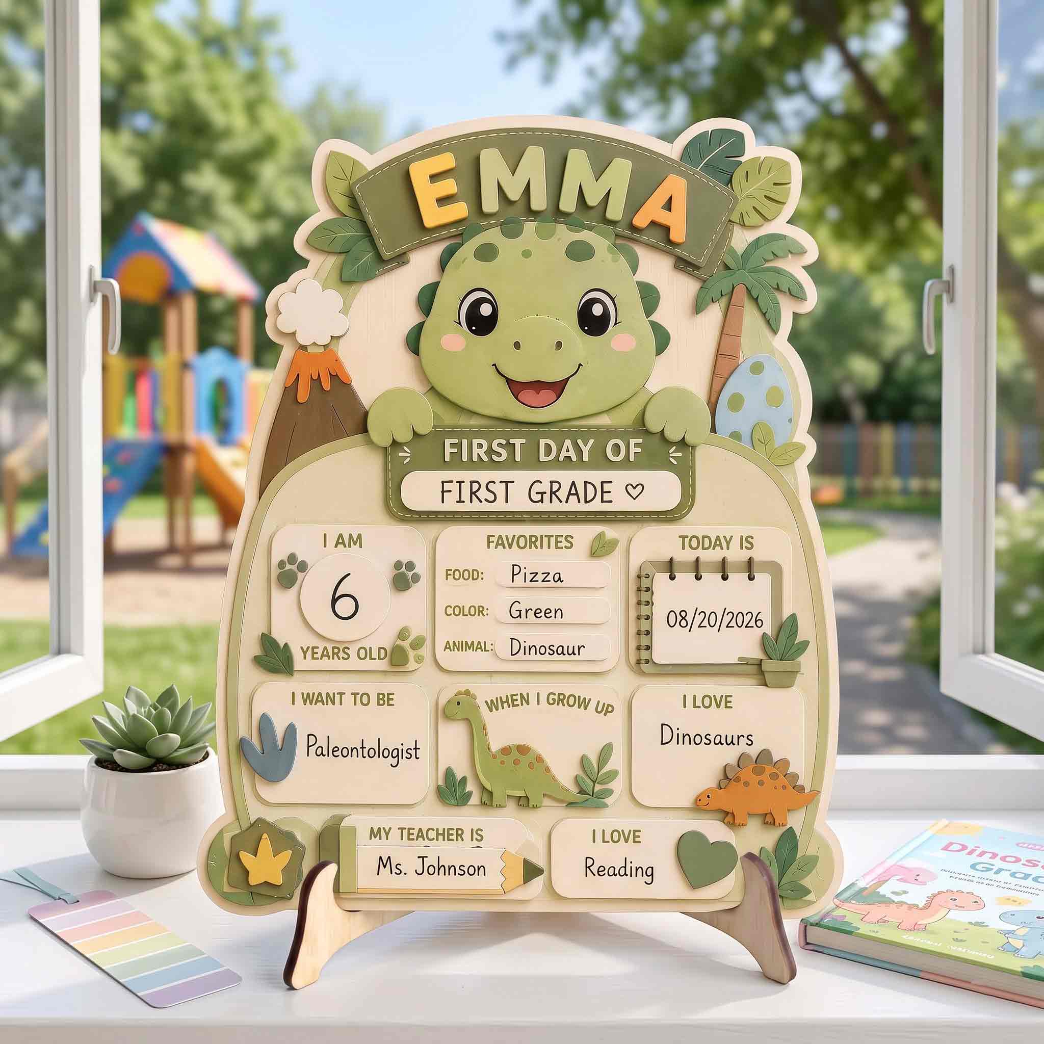 Personalized Sage Green Dinosaur First & Last Day School Sign, Reusable Dry Erase Board, Back to School Sign