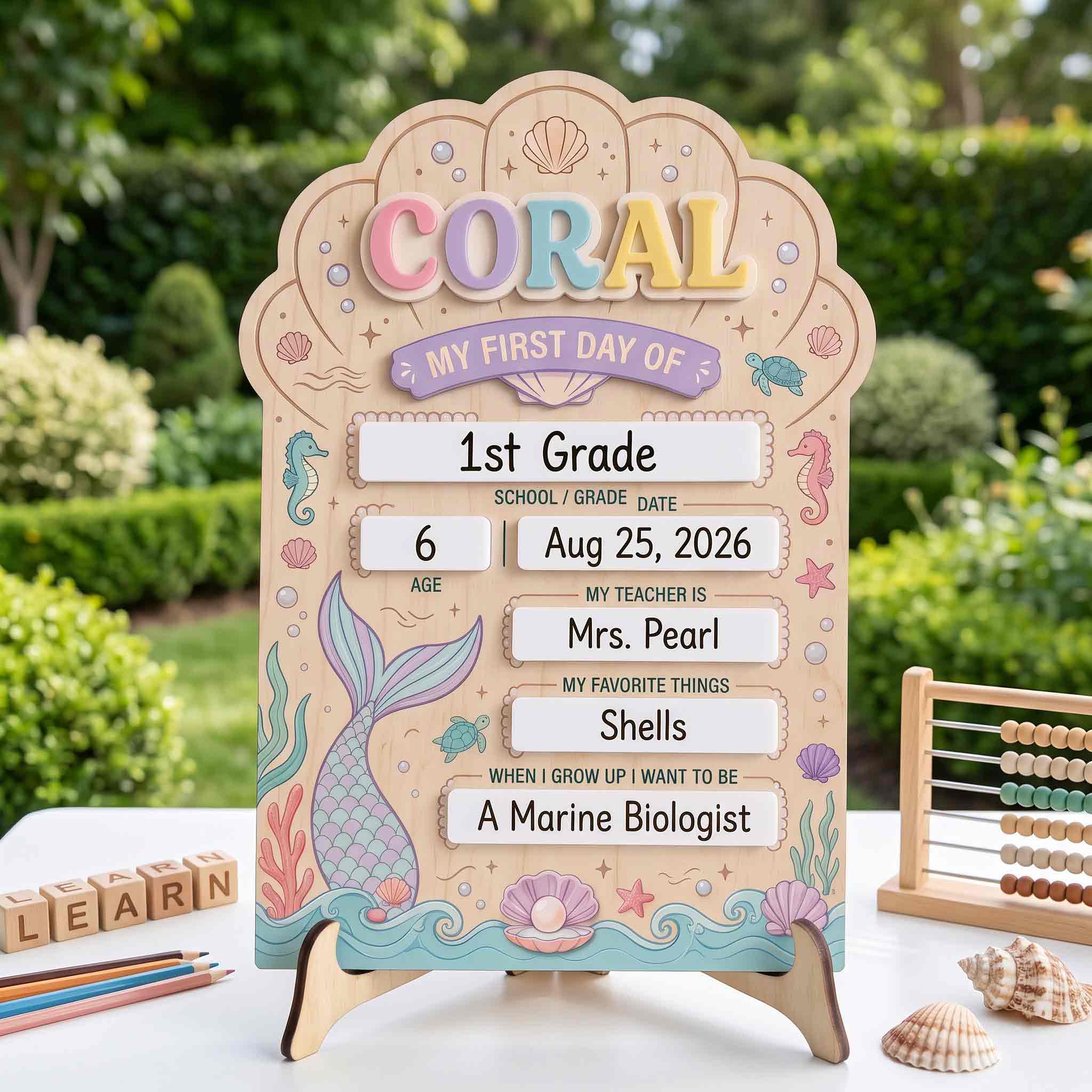 Personalized Mermaid Ocean Theme First & Last Day School Sign, Reusable Dry Erase Board, Back to School Sign