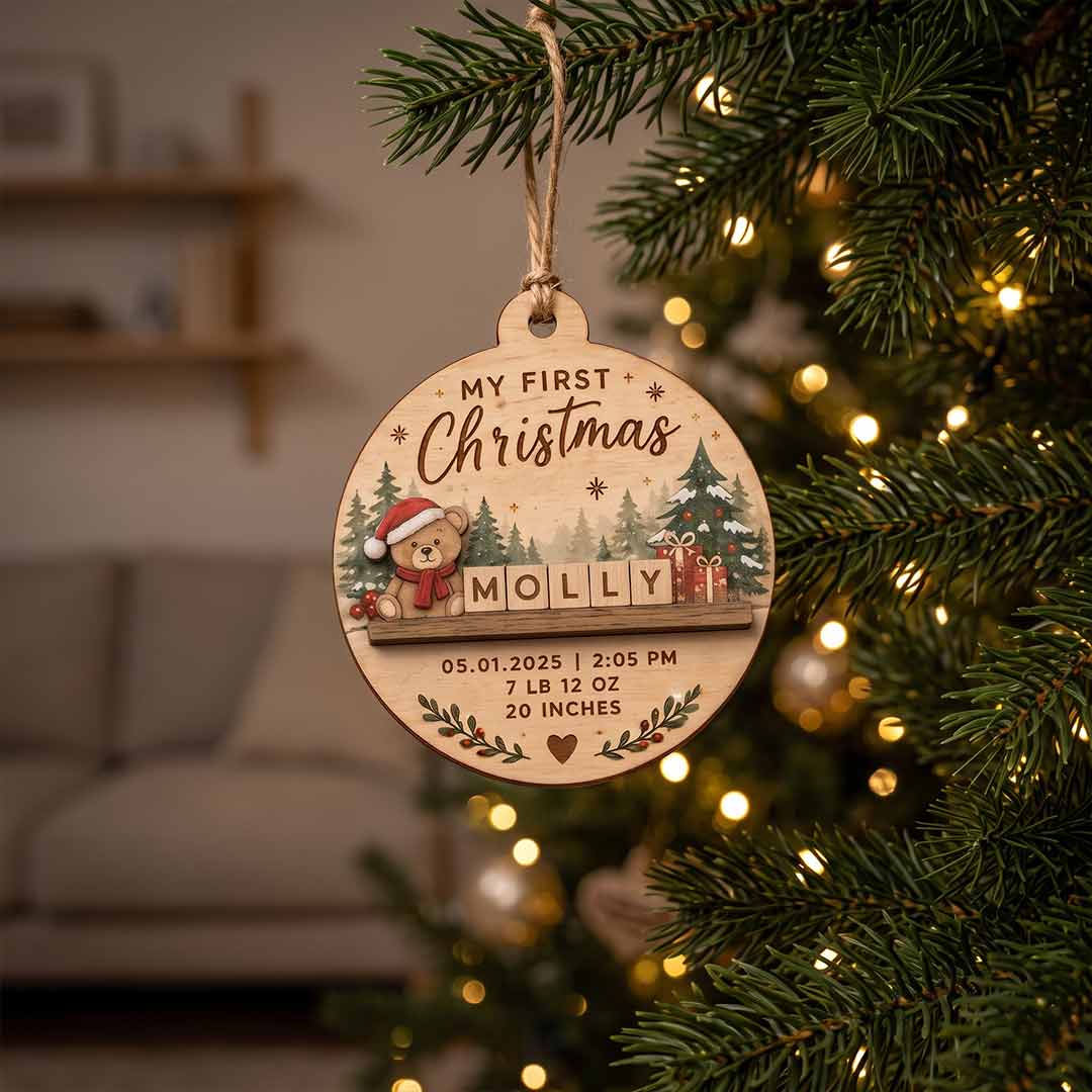 My First Christmas Teddy Bear Personalized Custom Name Date Newborn 2-Layer Wooden Christmas Ornament Baby's First Christmas Keepsake for New Parents
