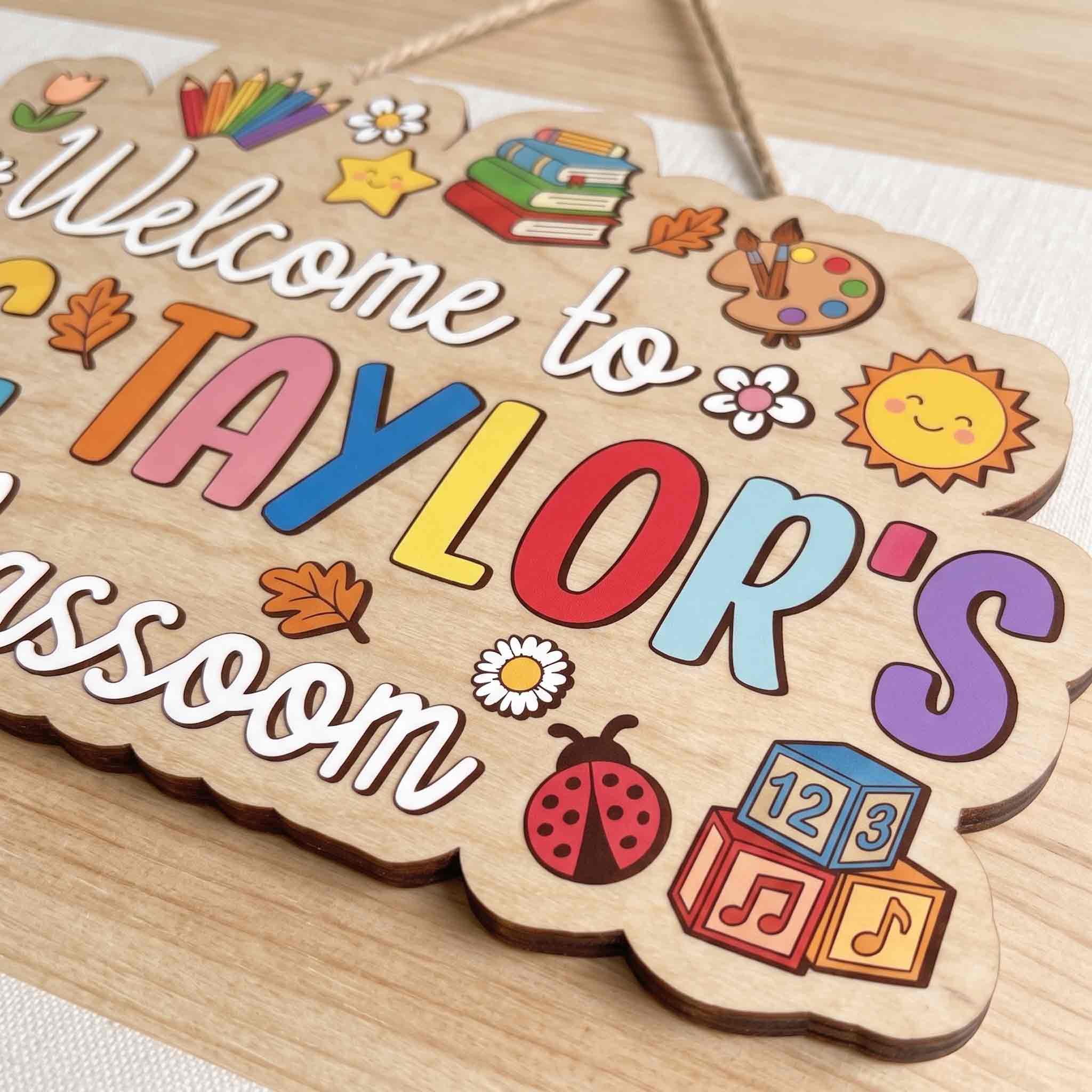 Personalized Rainbow Teacher Classroom Welcome Sign, Colorful School Supplies Classroom Decor Wooden Sign