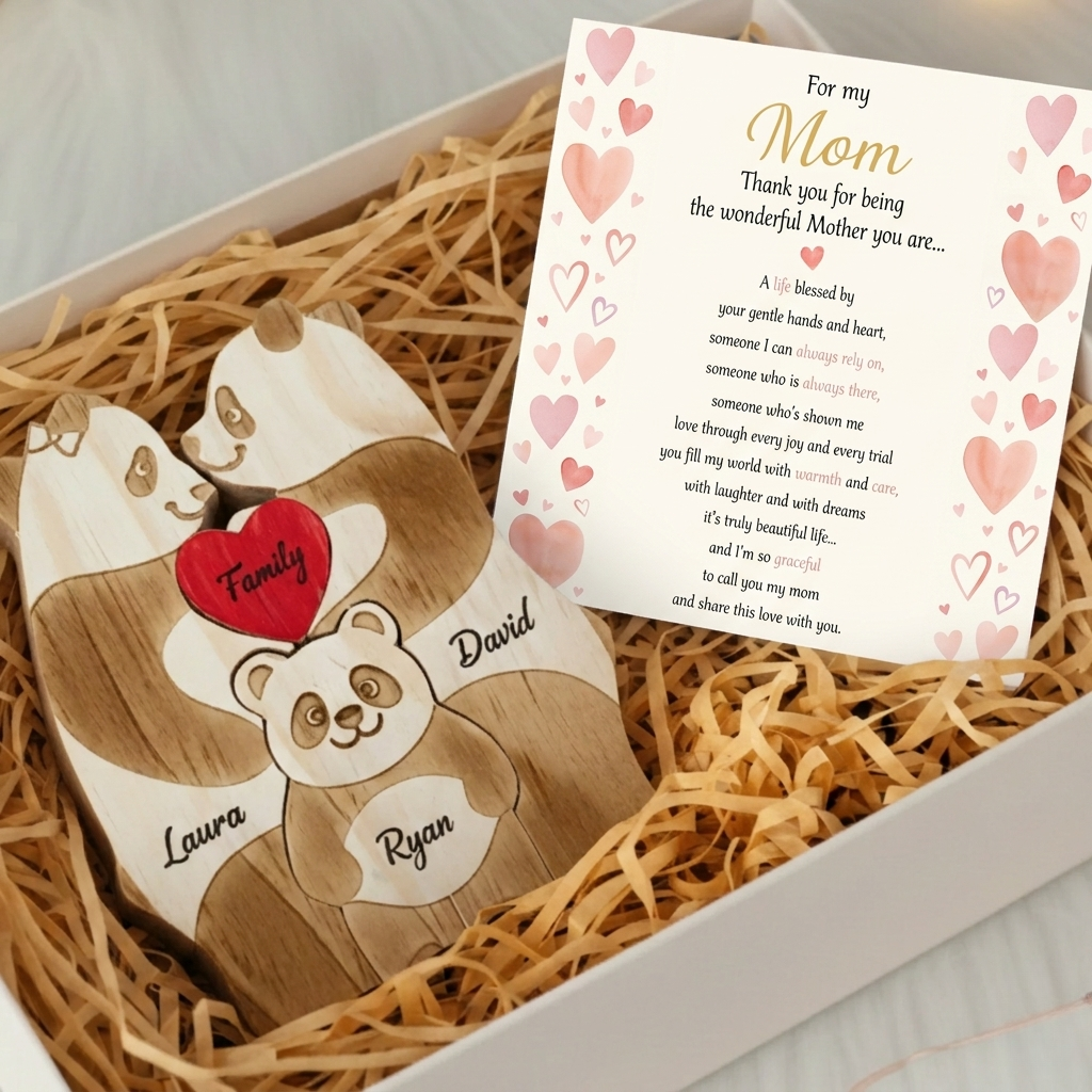 Personalized Panda 3 Pieces Family Edition Custom Wooden Puzzle
