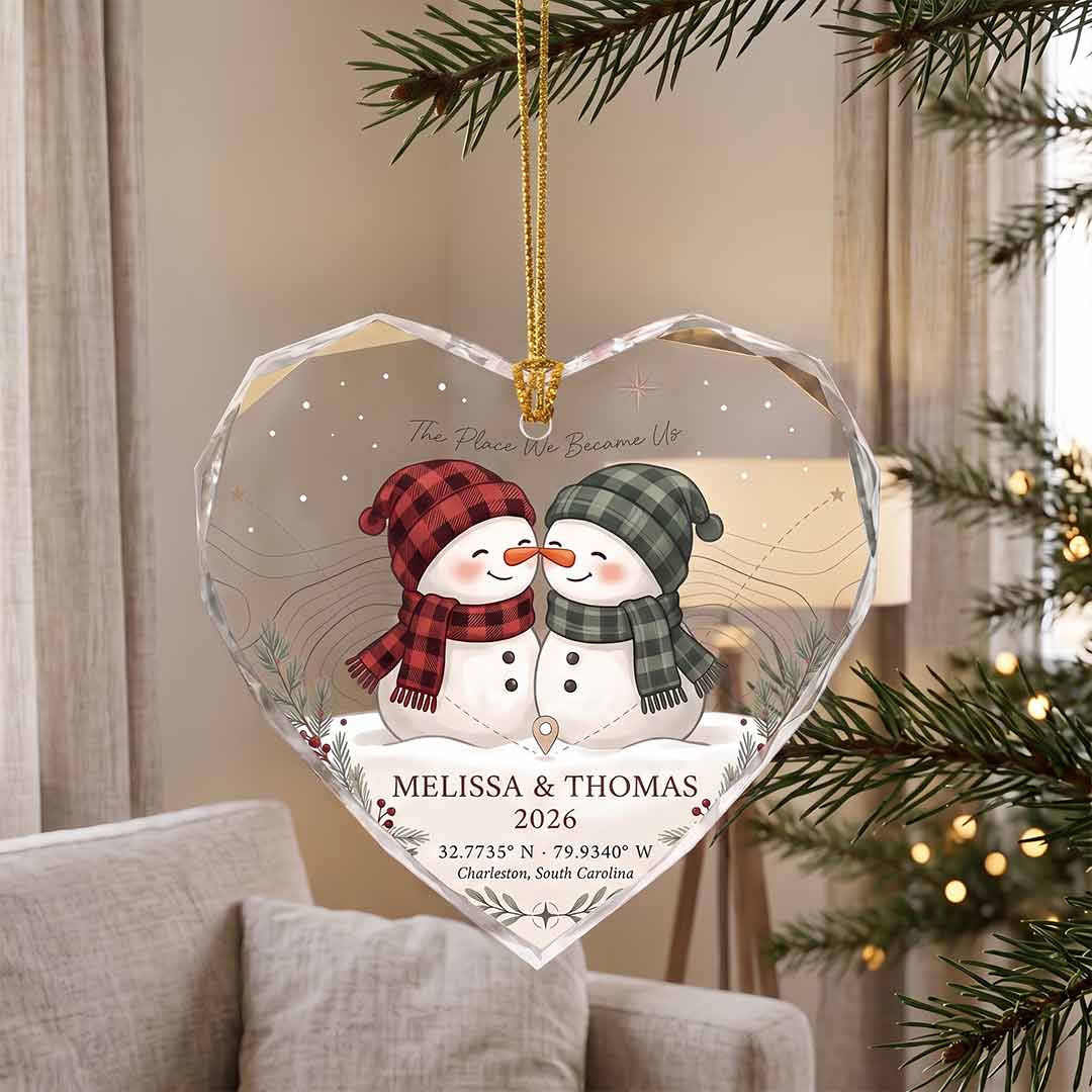 The Place We Became Us Snowman Couple Personalized Couple Custom Name Date Coordinates Address Gift Heart Glass Christmas Ornament