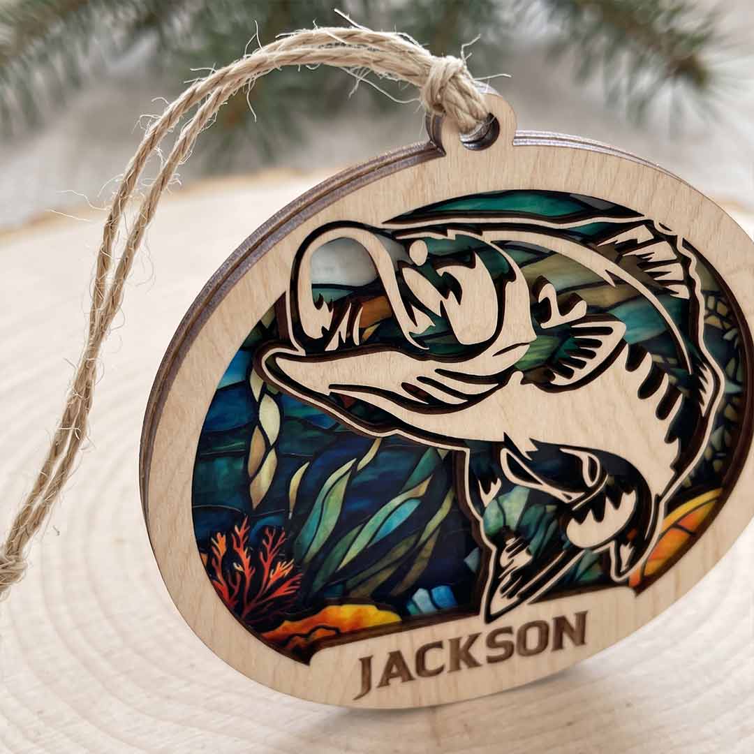 Underwater Bass Fishing Personalized Custom Name Fishing 2-Layer Wooden Christmas Ornament for Angler Christmas Gift