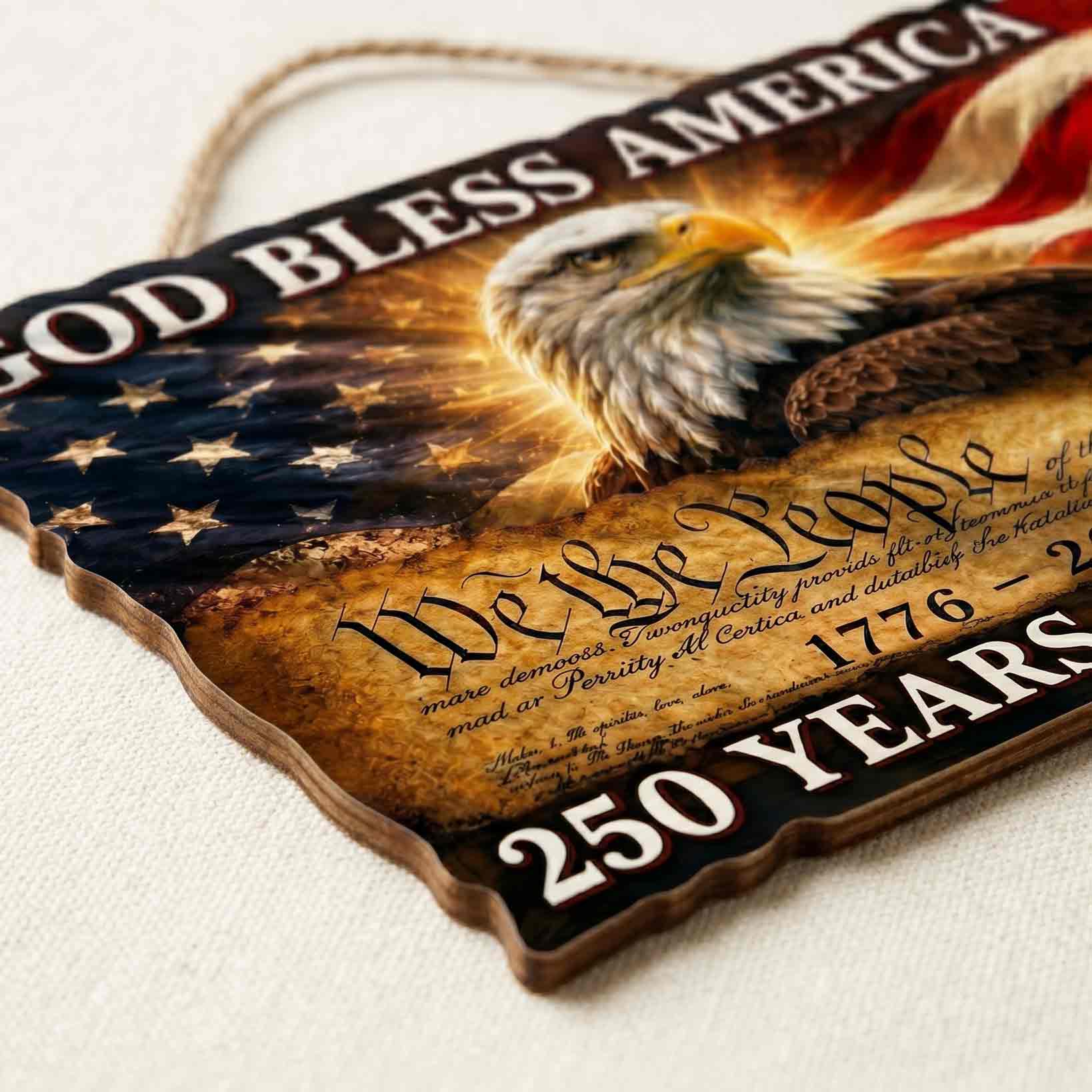 God Bless America 250 Years of Freedom Patriotic Eagle Flag Decor Wooden Sign