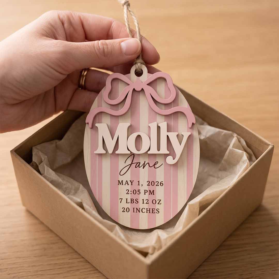 Pink Bow Birth Announcement Personalized Custom Name Date Time Weight Length Newborn 2-Layer Wooden Christmas Ornament Newborn Gift for New Parents