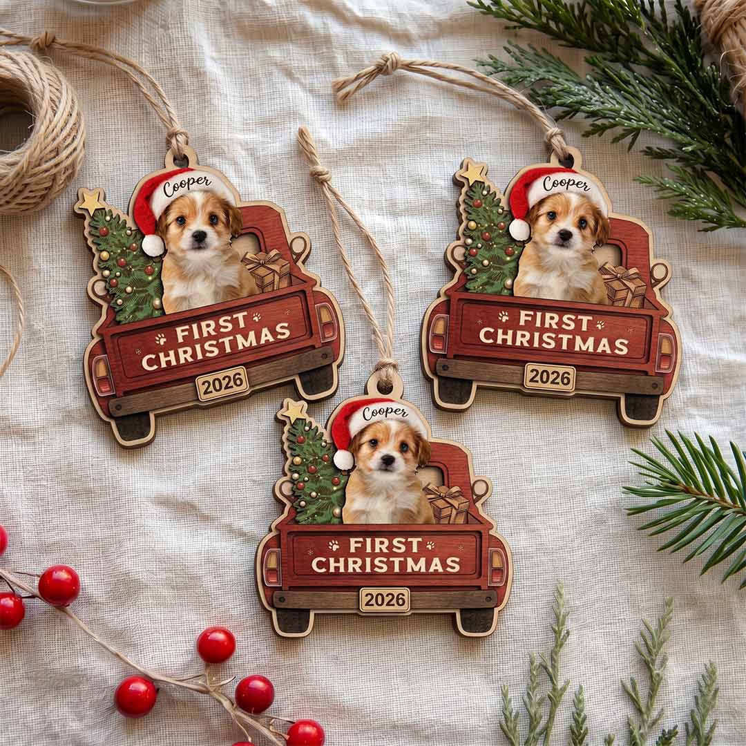Pet First Christmas Santa Truck Personalized Custom Name Date Photo Dog 2-Layer Wooden Christmas Ornament First Christmas Gift for Dog Lover