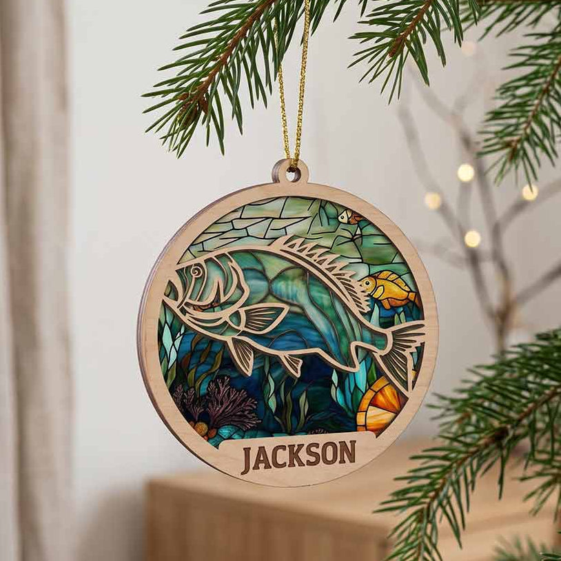 Fish Mosaic Art Personalized Custom Name Fishing 2-Layer Wooden Christmas Ornament Christmas Gift for Fishing Lover