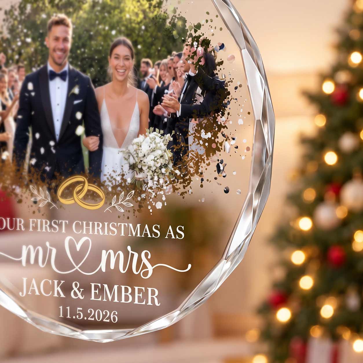 Our First Christmas as Mr & Mrs 2026 Custom Photo Wedding Anniversary Keepsake Round Glass Christmas Ornament