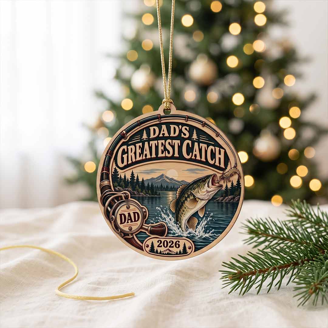 Fishing Dad Greatest Catch Father Fisherman Keepsake Fishing 1-Layer Wooden Christmas Ornament for Dad Gift