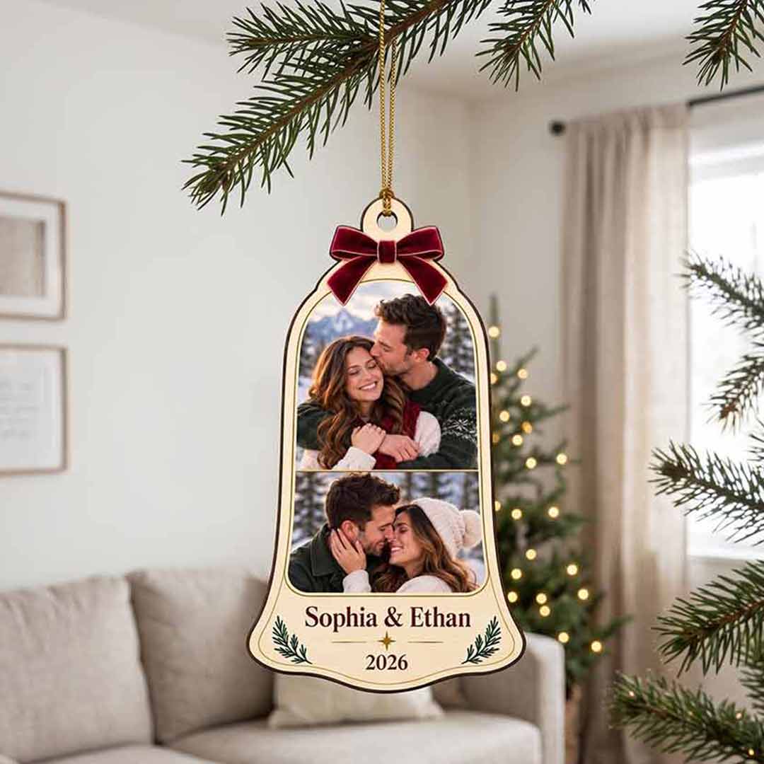 Christmas Bell with Bow Couple 2026 Holiday Keepsake Personalized Custom Name Date Photo Couple 1-Layer Wooden Christmas Ornament for Couples Gift