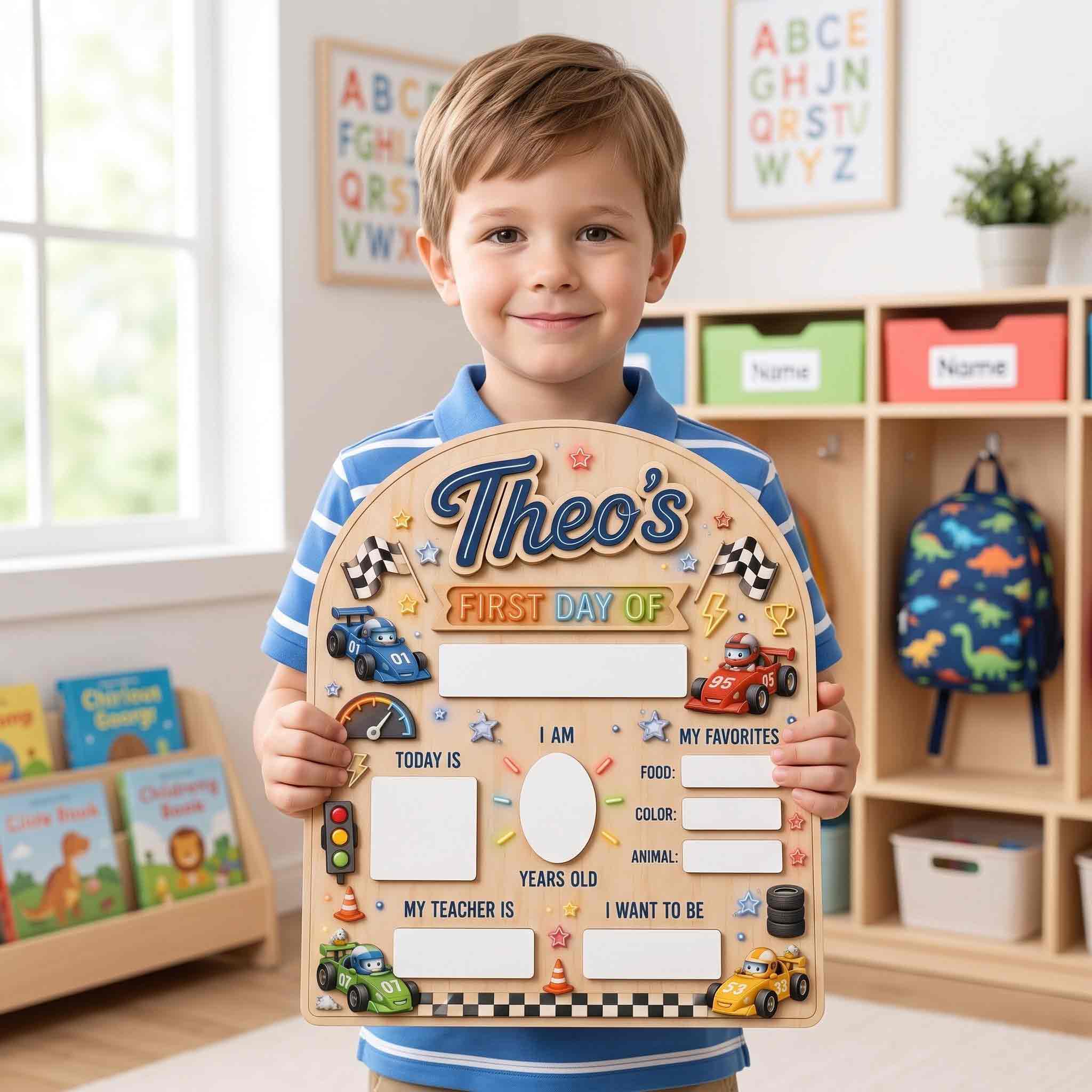 Personalized Speed Racing Theme First & Last Day School Sign, Reusable Dry Erase Board, Back to School Sign