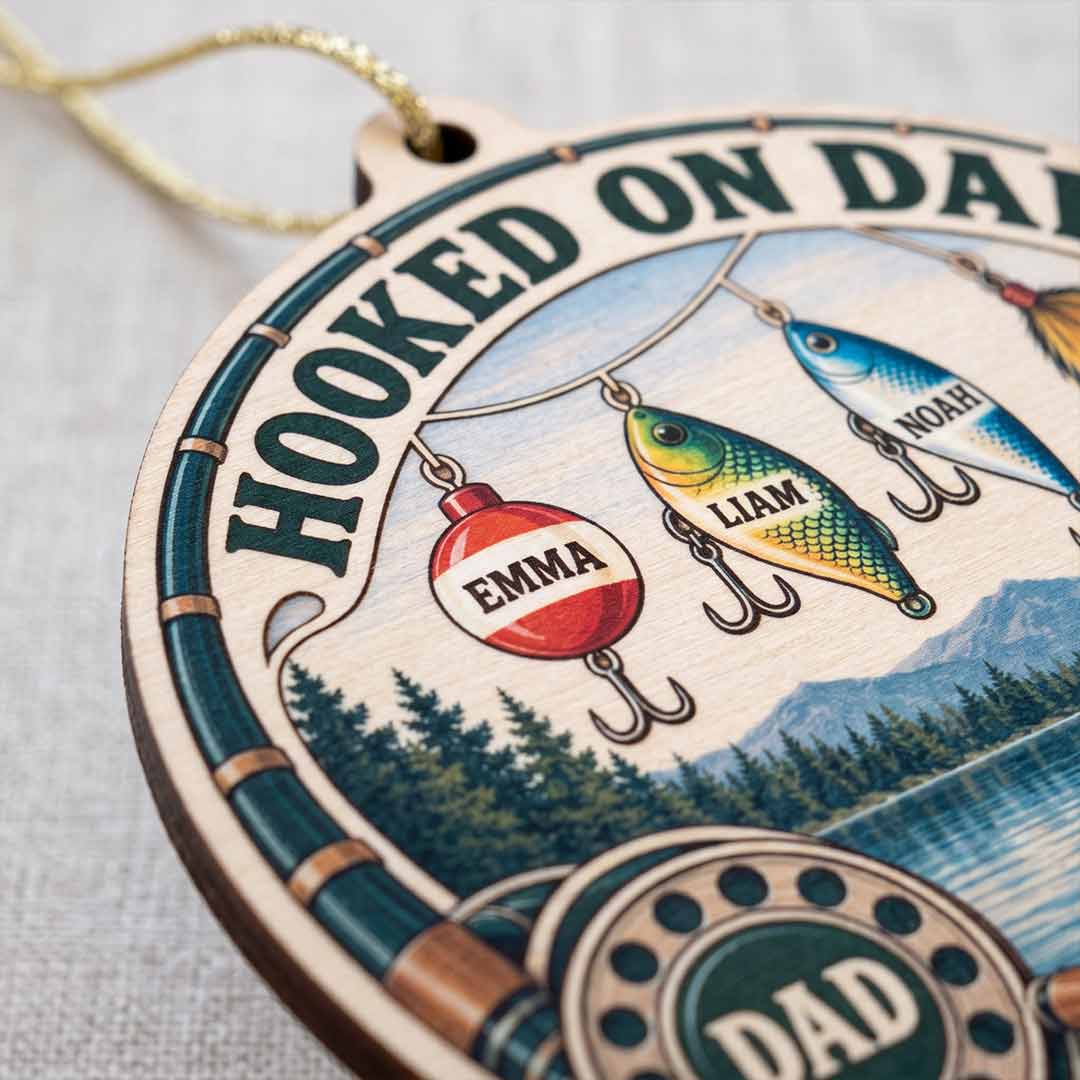 Hooked On Dad Family Fishing Father Keepsake Personalized Custom Name Date Fishing 1-Layer Wooden Christmas Ornament for Dad Gift