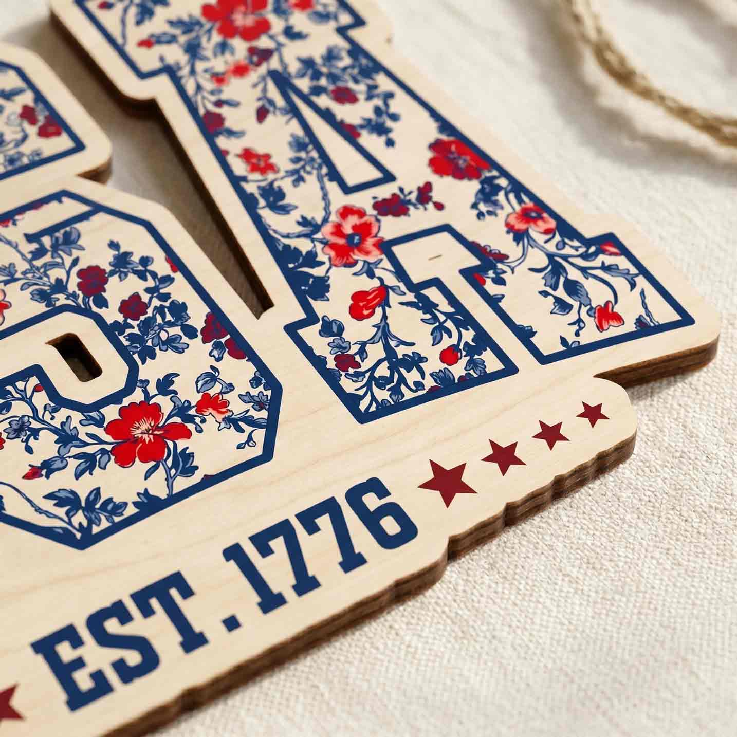Floral USA Est 1776 Wooden Hanging Sign Patriotic Americana Decor