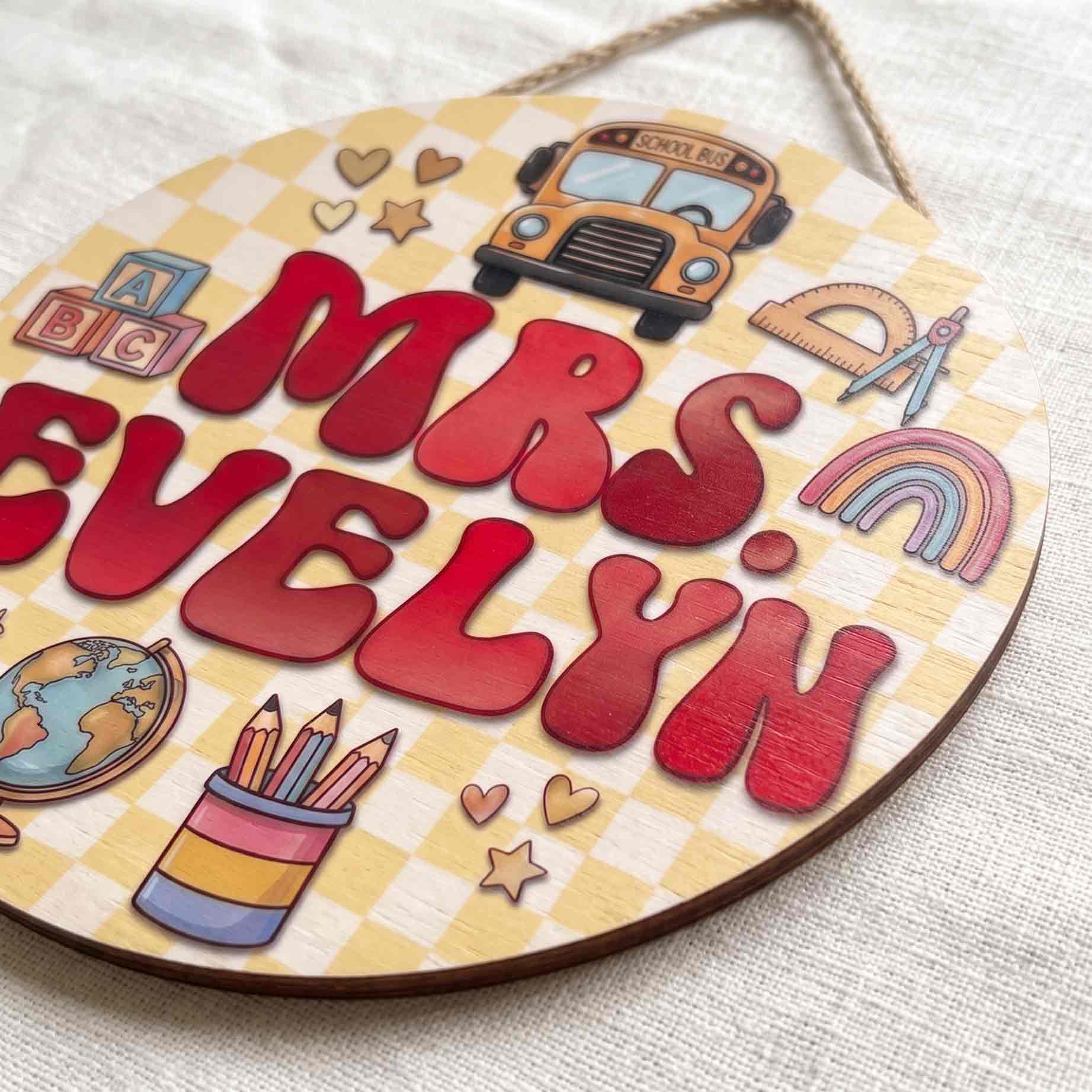 Custom Teacher Classroom Welcome Wooden Sign, Personalized School Bus Door Decor with Rainbow & School Supplies, Back to School Gift