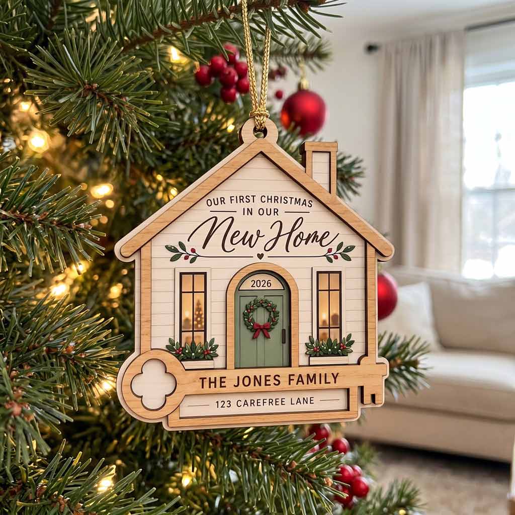 First Christmas In Our New Home 2026 House With Key Custom Name & Address New Home Wooden Christmas Ornament