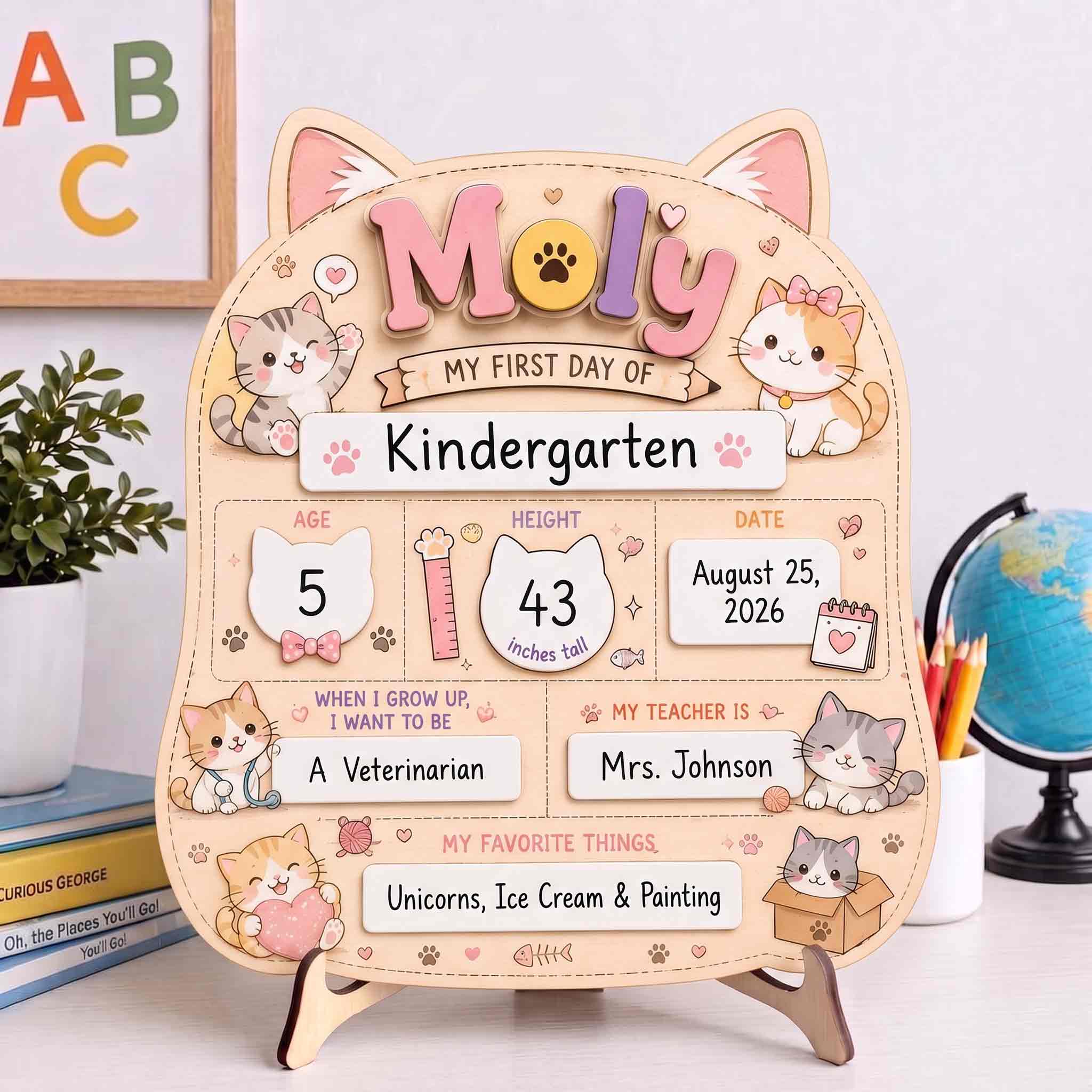 Personalized Cat Lover First & Last Day School Board, Reusable Dry Erase Board, Back to School Sign