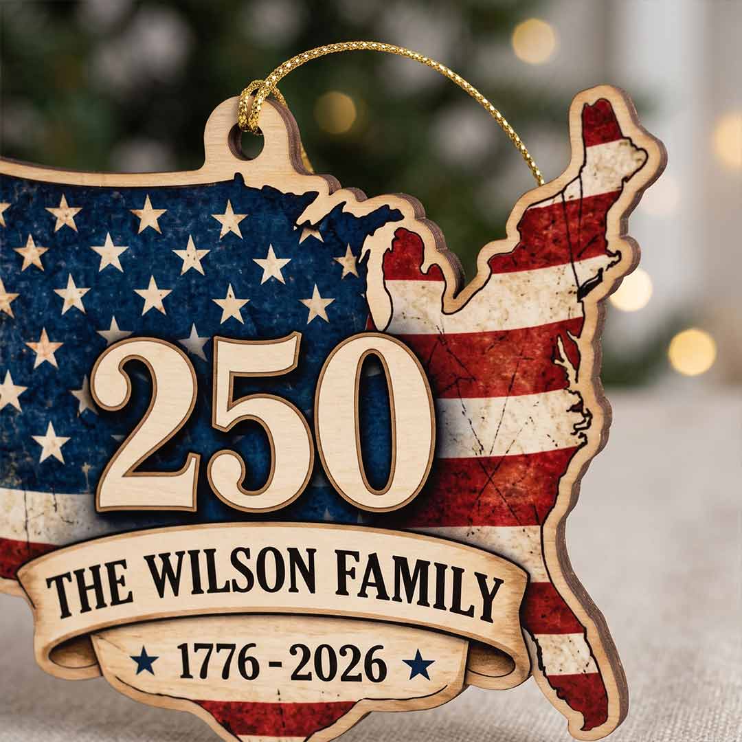 America's 250th USA Map Patriotic Keepsake Personalized Custom Name Patriotic 1-Layer Wooden Christmas Ornament for American Families