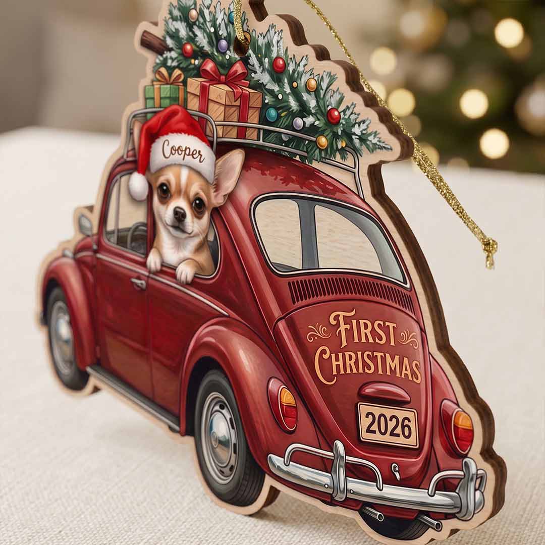 Personalized Pet First Christmas Vintage Car Custom Name Date Dog Photo Dog Lover Gift Wooden Christmas Ornament