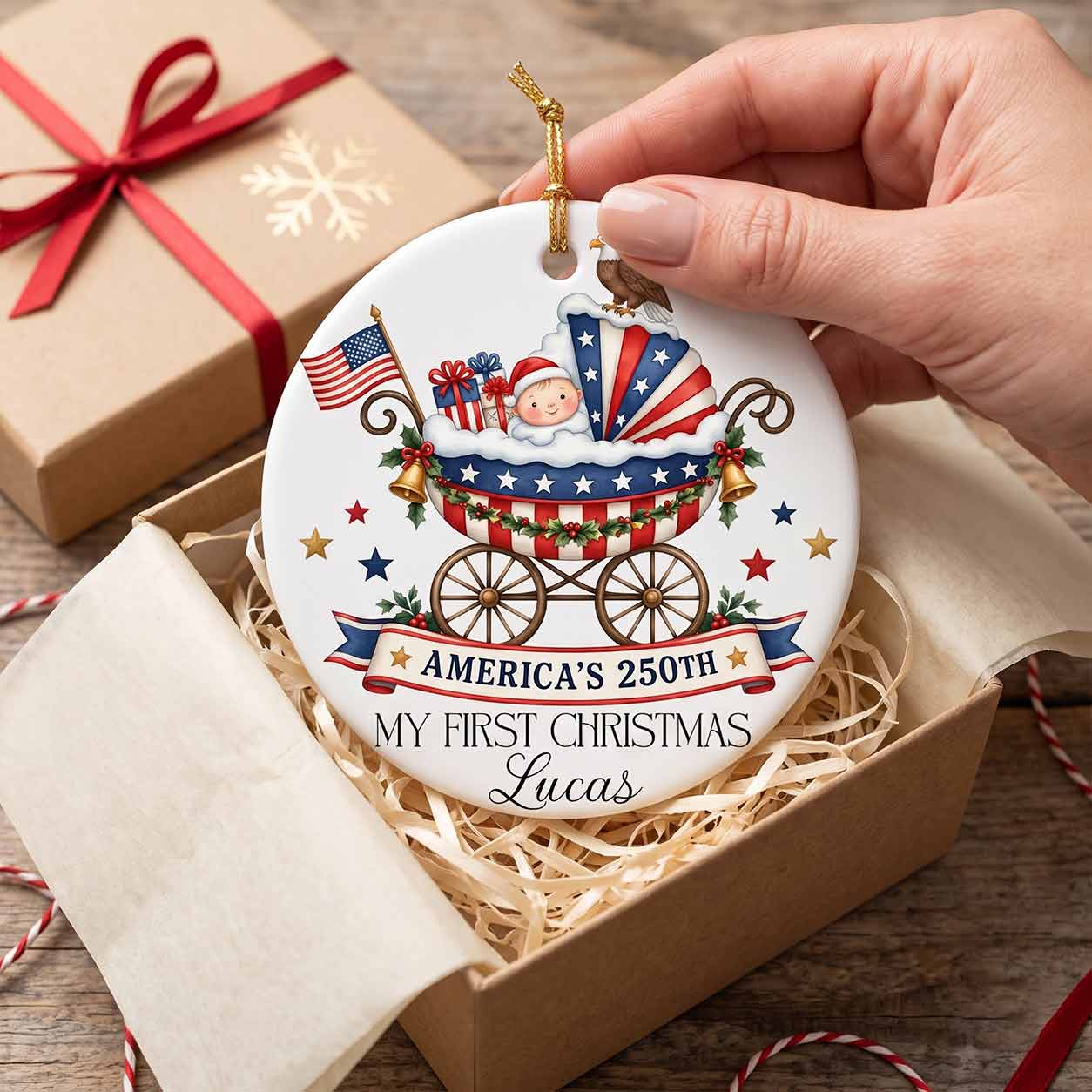 America's 250th Baby Carriage My First Christmas Custom Name Newborn Patriotic Round Ceramic Christmas Ornament