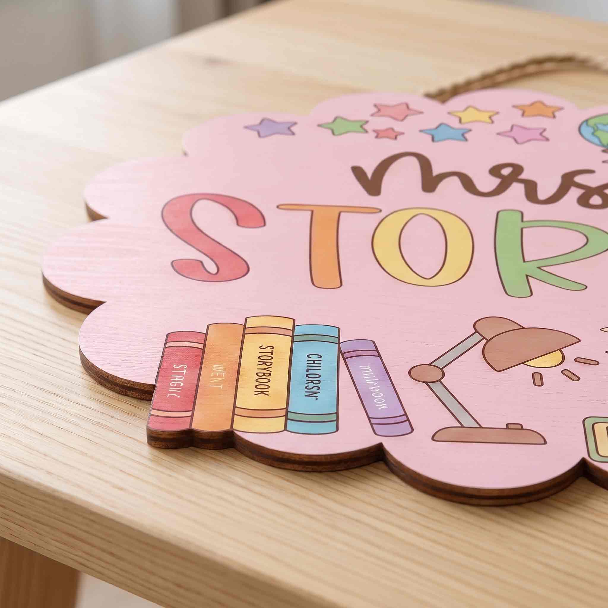 Personalized Pink Classroom Teacher Door Hanger Wooden Sign, Custom Teacher Name Welcome Sign