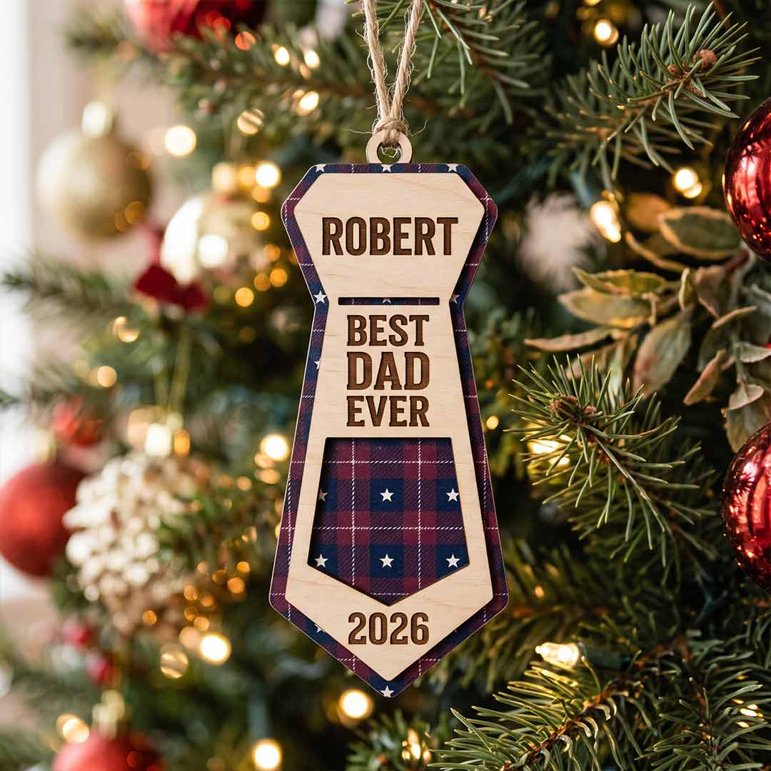 Best Dad Ever Necktie Father Keepsake Personalized Custom Name Family 1-Layer Wooden Christmas Ornament for Dad Gift