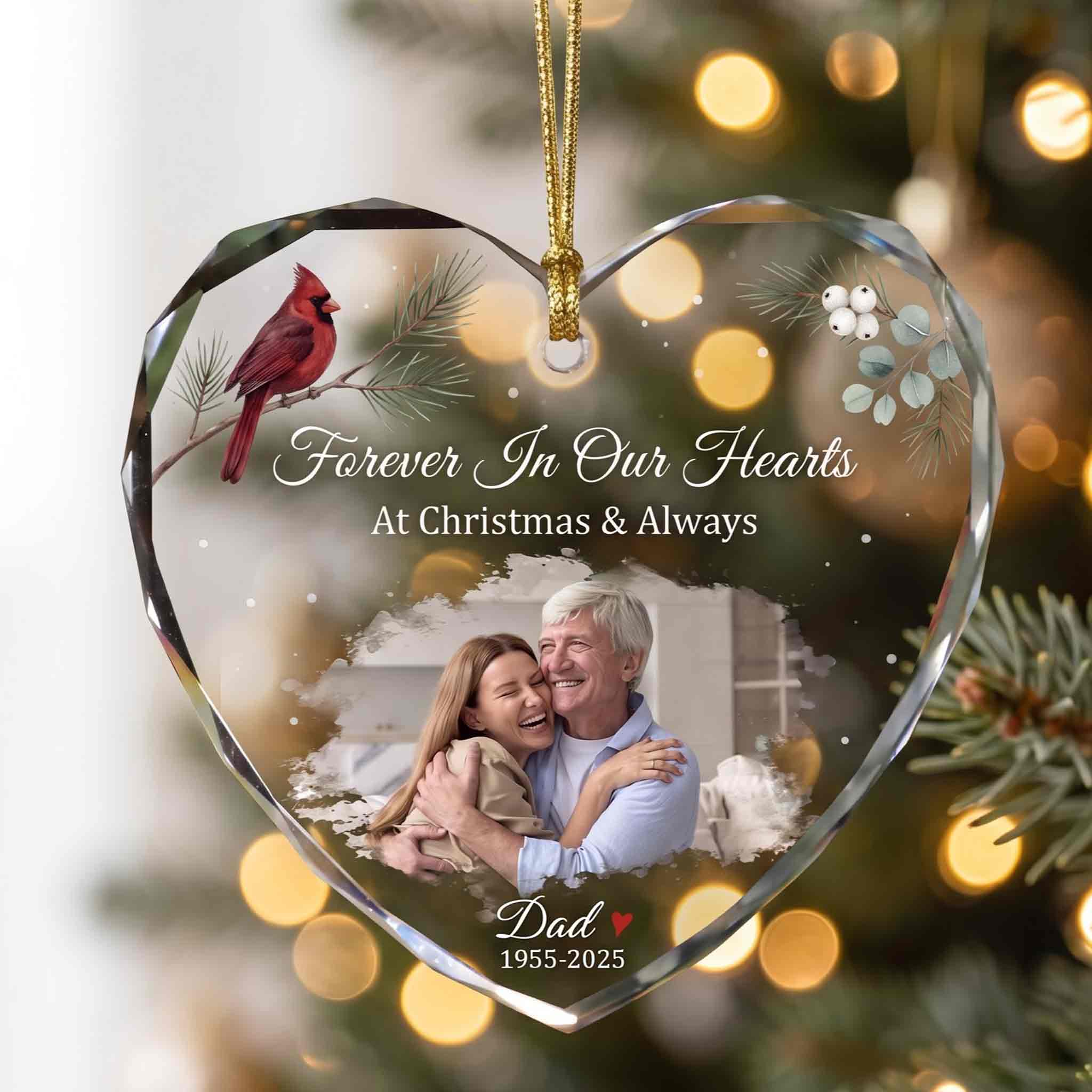 Memorial Dad Cardinal Winter Sprig Personalized Memorial Custom Name Date Photo In Loving Memory Gift Heart Glass Christmas Ornament