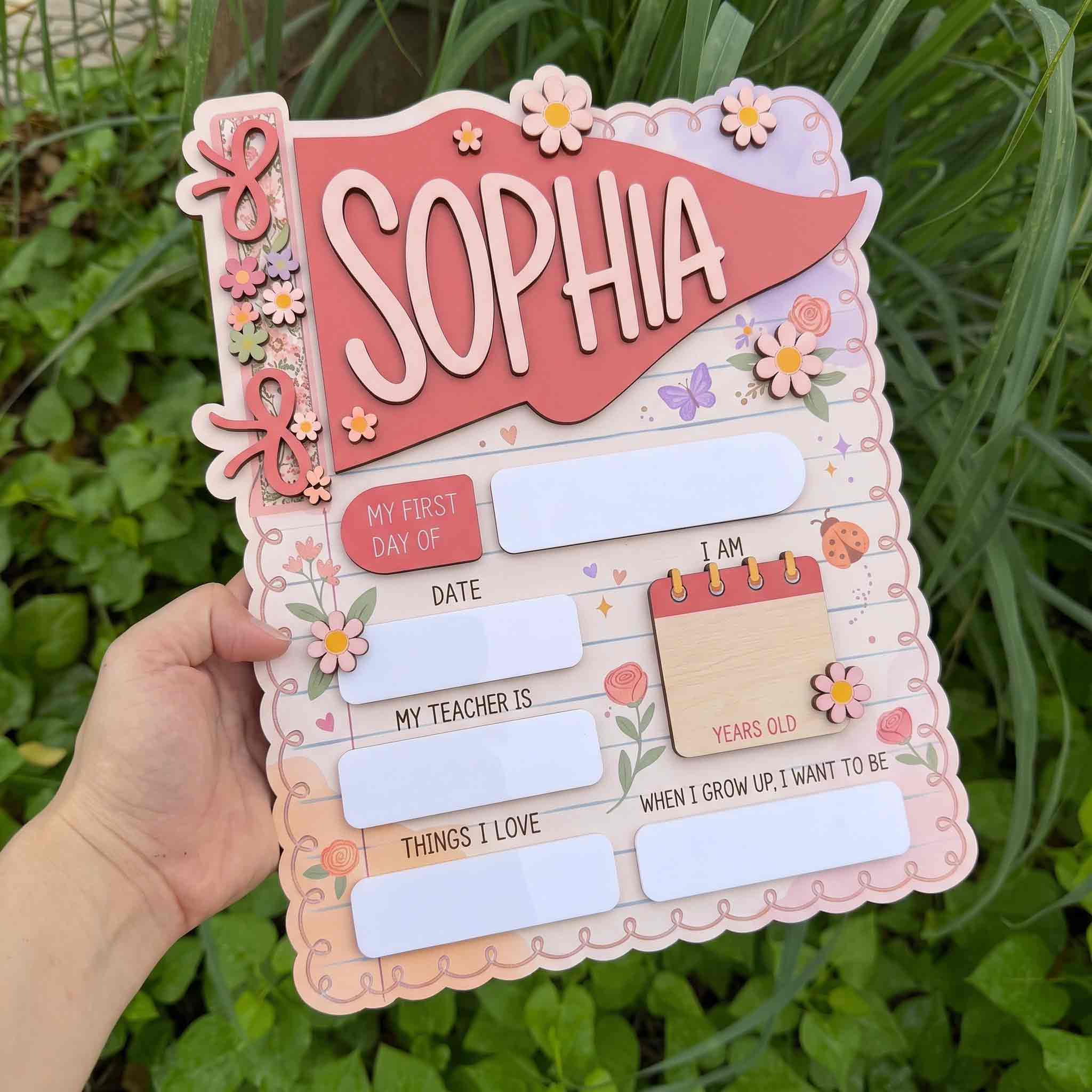 Personalized Floral Stationery Style First & Last Day School Sign, Reusable Dry Erase Board, Back to School Sign