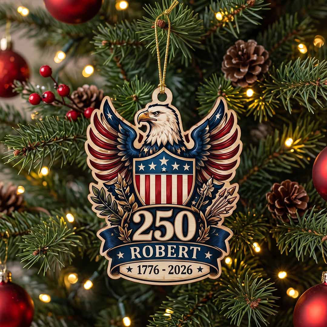 America's 250th Bald Eagle Shield American Pride Patriotic Keepsake Personalized Custom Name Patriotic 1-Layer Wooden Christmas Ornament for Patriots