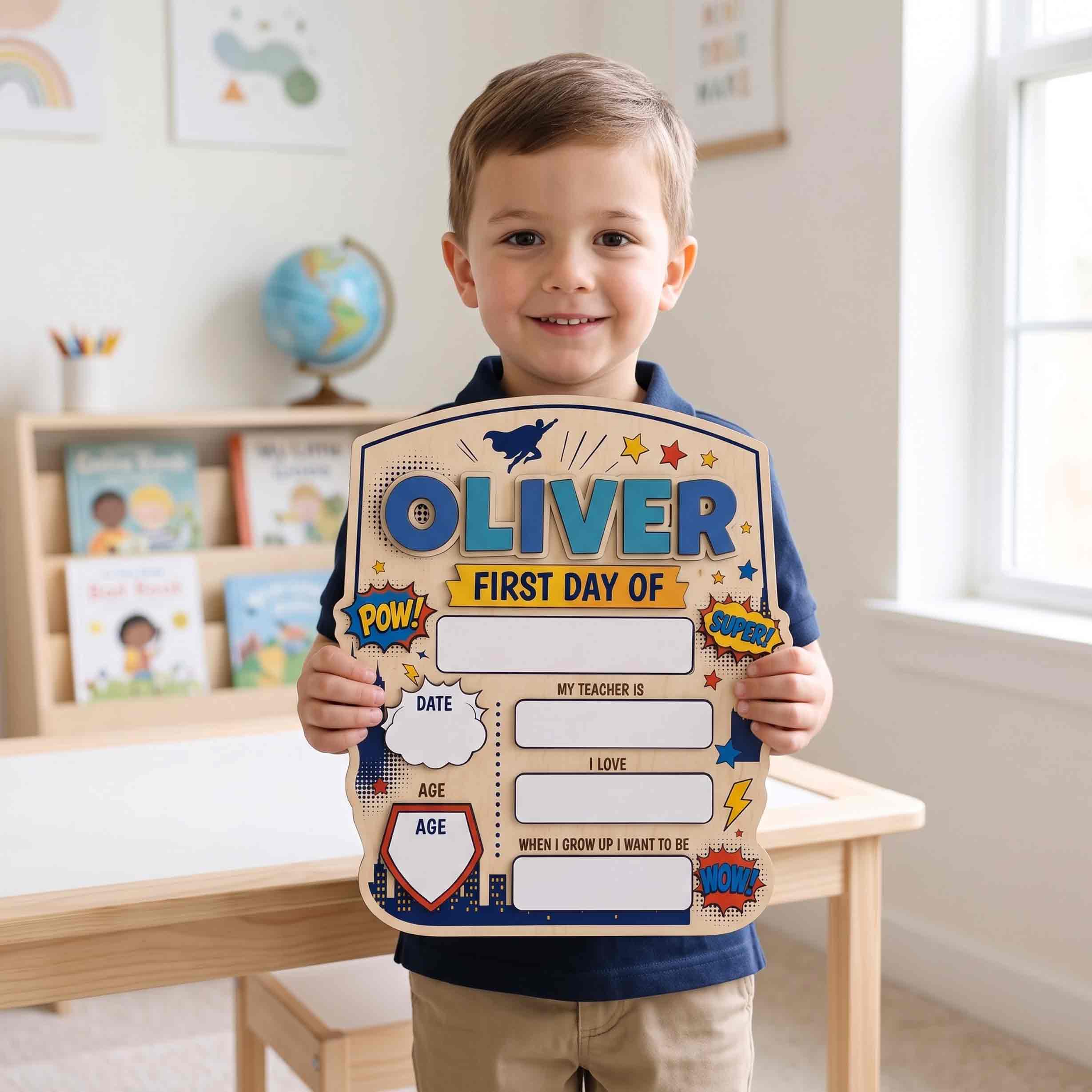 Personalized Superhero City Theme First & Last Day School Sign, Reusable Dry Erase Board, Back to School Sign