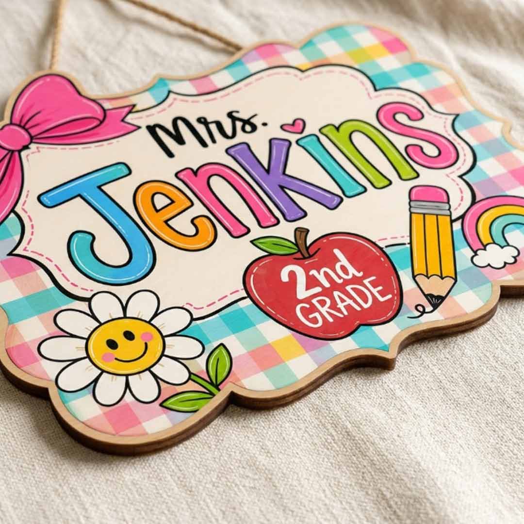 Personalized Teacher Name Wooden Sign Door Hanger Playful Welcome Classroom Sign Wooden Classroom Decor, Back to School Sign