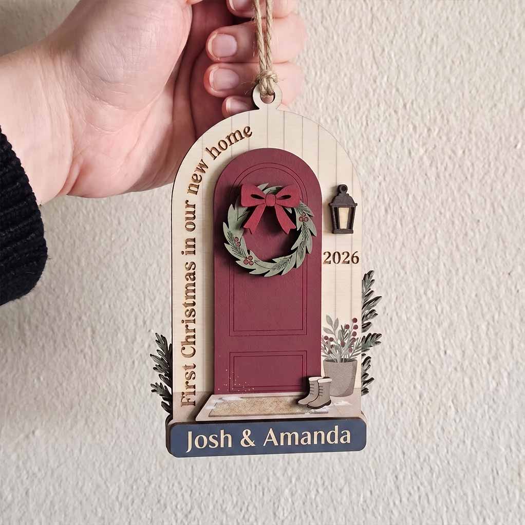 First Christmas New Home Red Door Wreath Personalized New Home Custom Name Date Couple Gift Wooden Christma