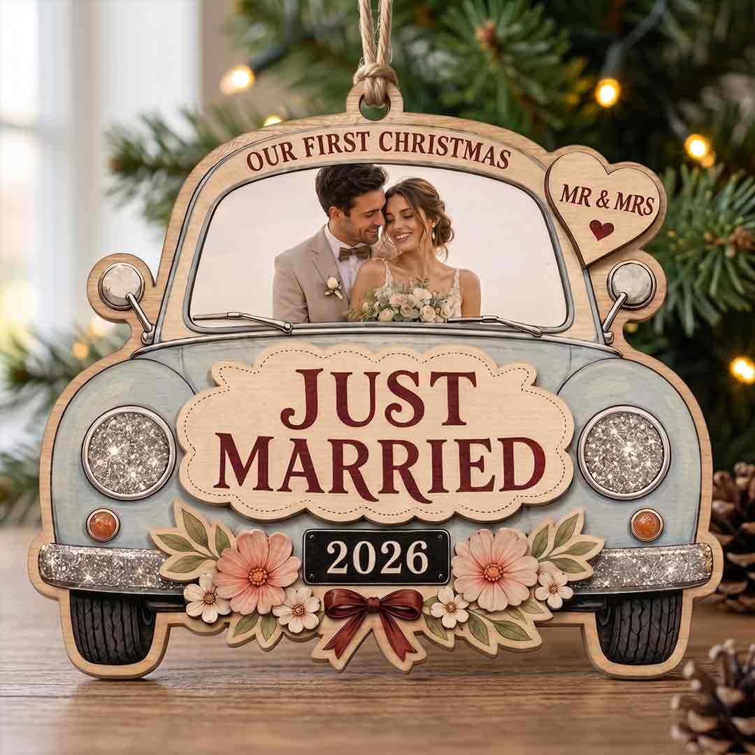 Just Married Wedding Car Personalized Custom Name Date Photo Wedding 2-Layer Wooden Christmas Ornament Newlywed Wedding Gift