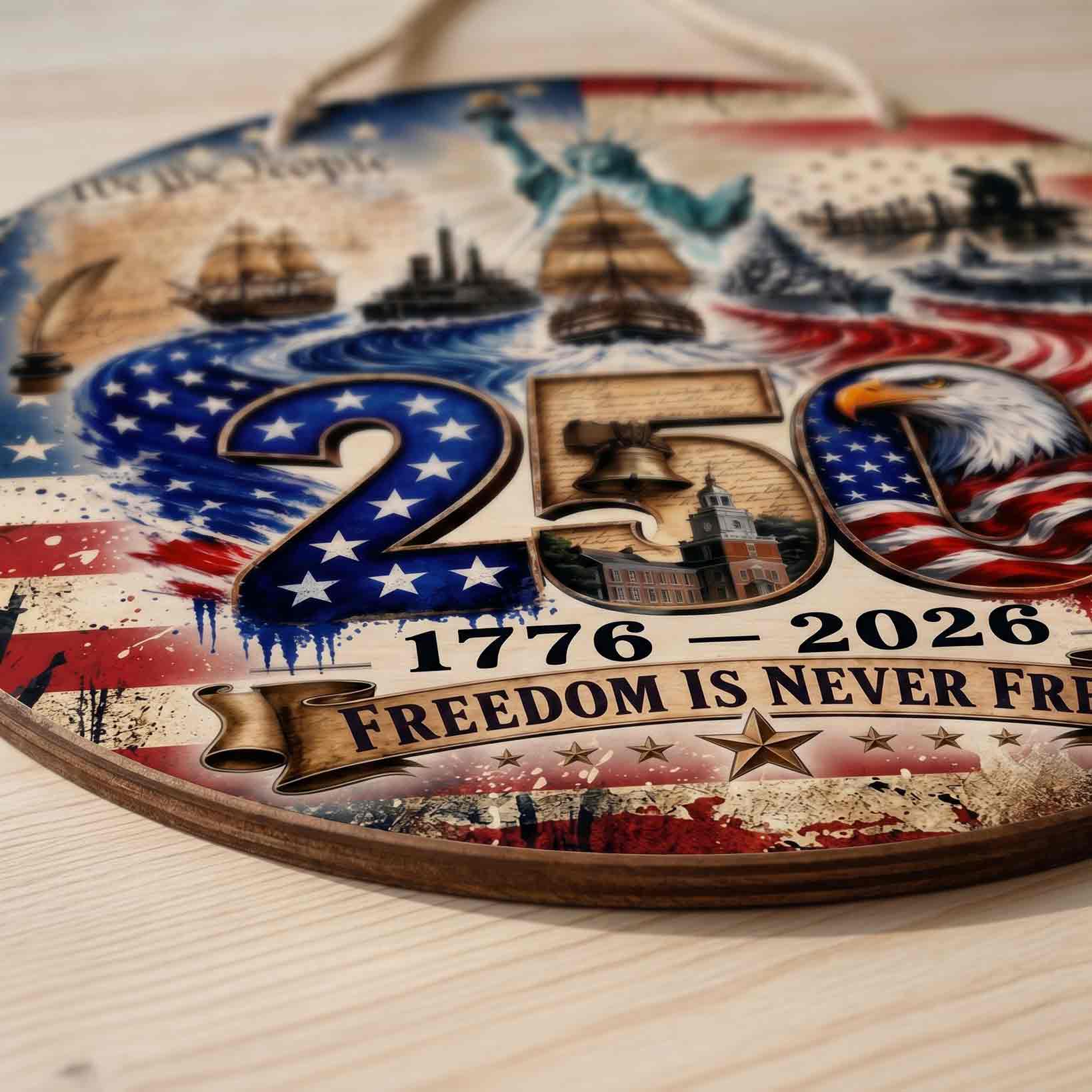 Freedom Is Never Free 250th Anniversary Wooden Sign