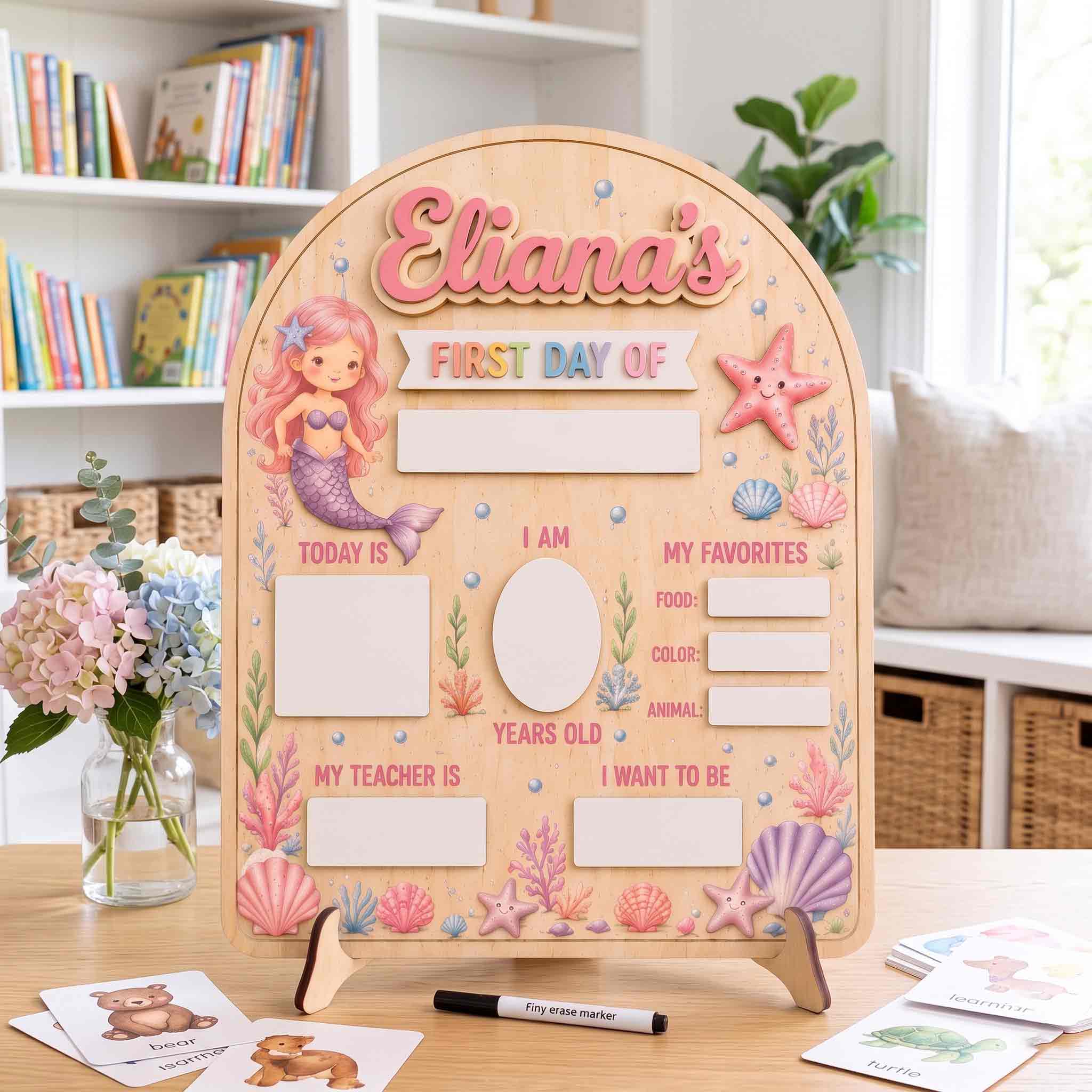 Personalized Mermaid Ocean Style First & Last Day School Sign, Reusable Dry Erase Board, Back to School Sign
