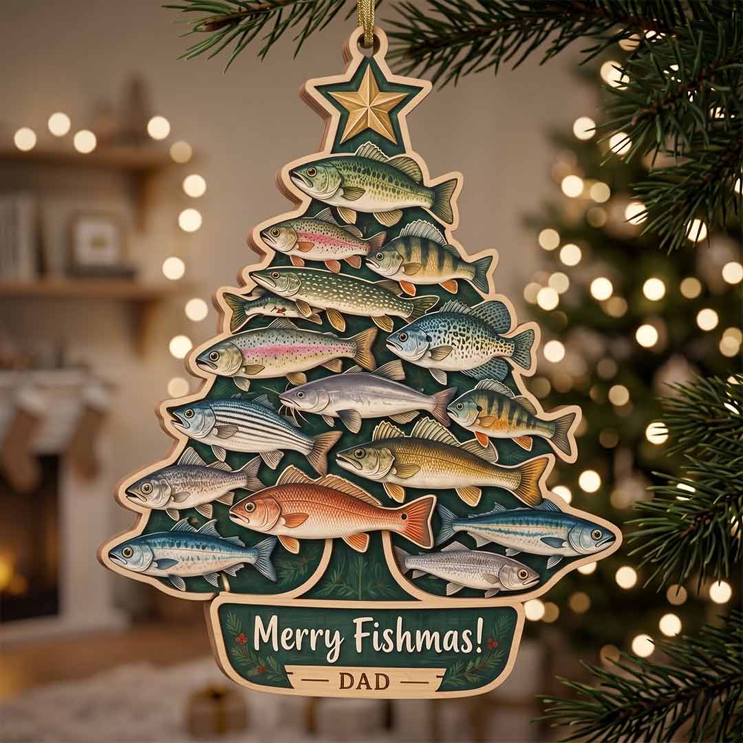 Merry Fishmas Fishing Tree Holiday Keepsake Personalized Custom Name Fishing 1-Layer Wooden Christmas Ornament for Fishing Lovers